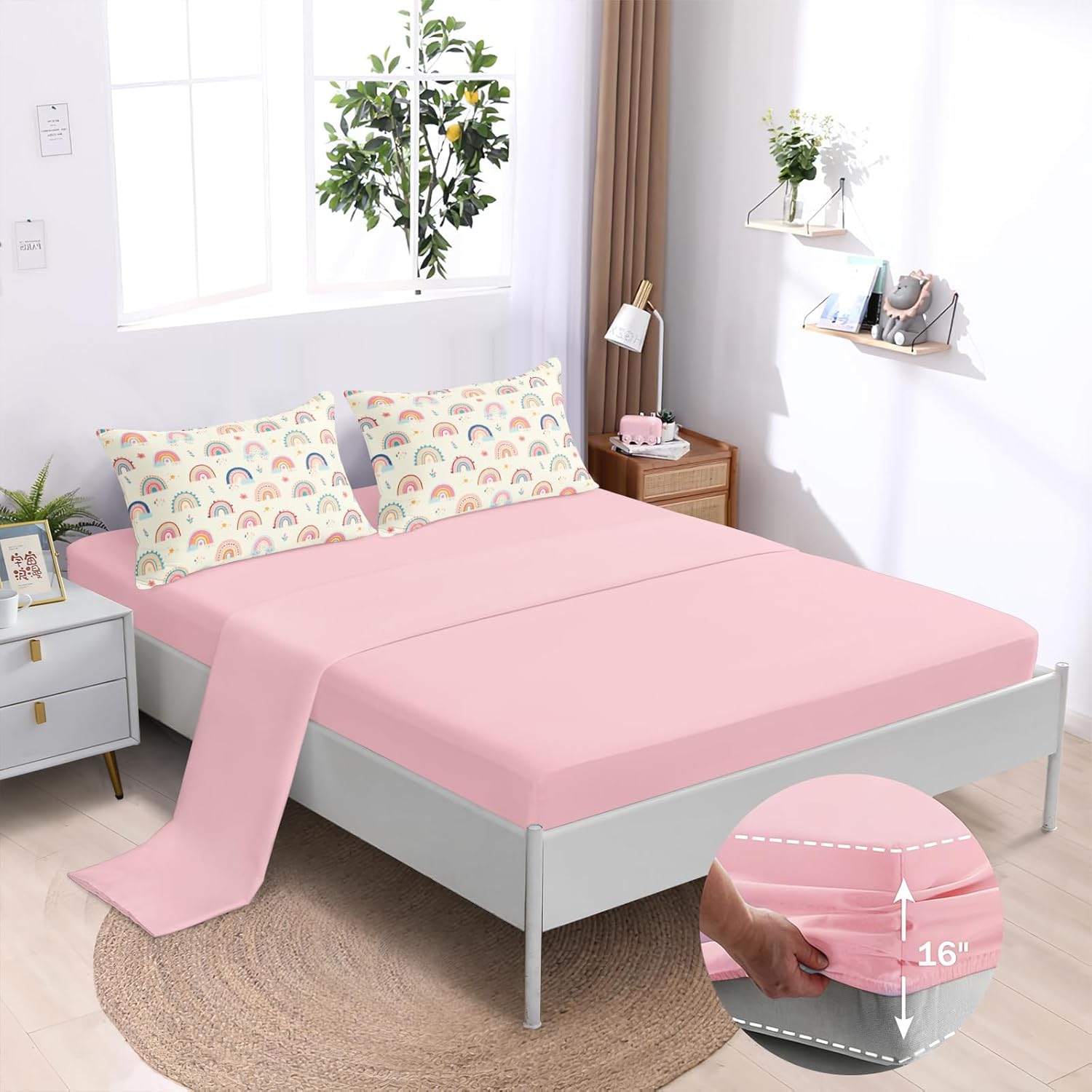BDUCOK 6 Pieces Beige Rainbow Comforter Set Queen Size Cute Colorful Bed in a Bag Bedding Set for Girls Kids Teens Super Soft Bedding for Bedroom Decor 3063Queen