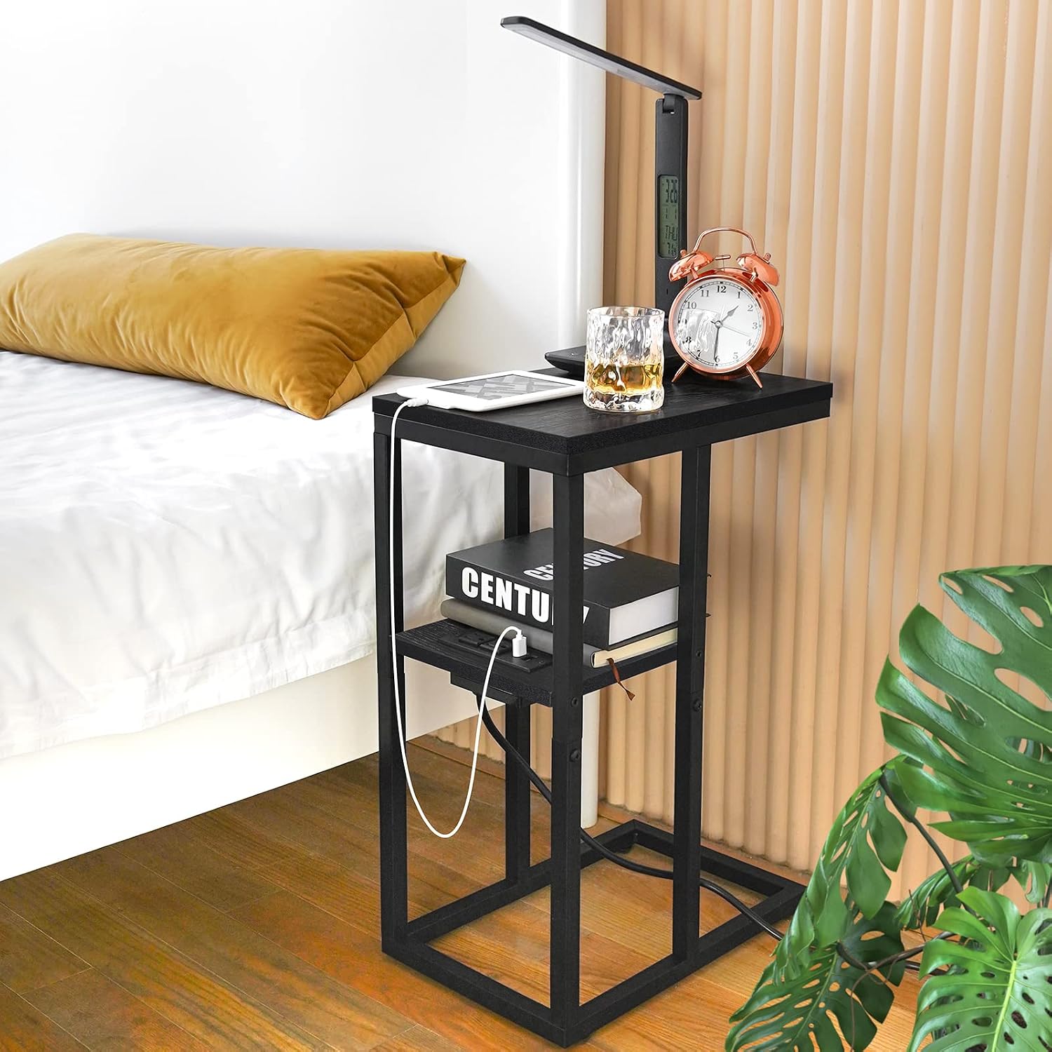 Yoobure C Shaped End Table with Charging Station, Small Side Tables for Living Room, Bedroom, Sofa Table with USB Ports and Outlets for Small Spaces, C Couch Table Rustic Snack Table Bed Side Table