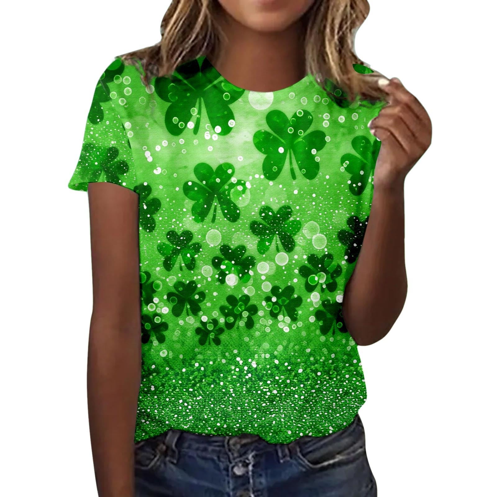 St Patricks Day T Shirt for Women Casual St. Patrick's Day Printed T-Shirt Round Neck Short Sleeve Tops Ireland Irish Clover Shamrock Printed Green Tee Shirts Summer Tops