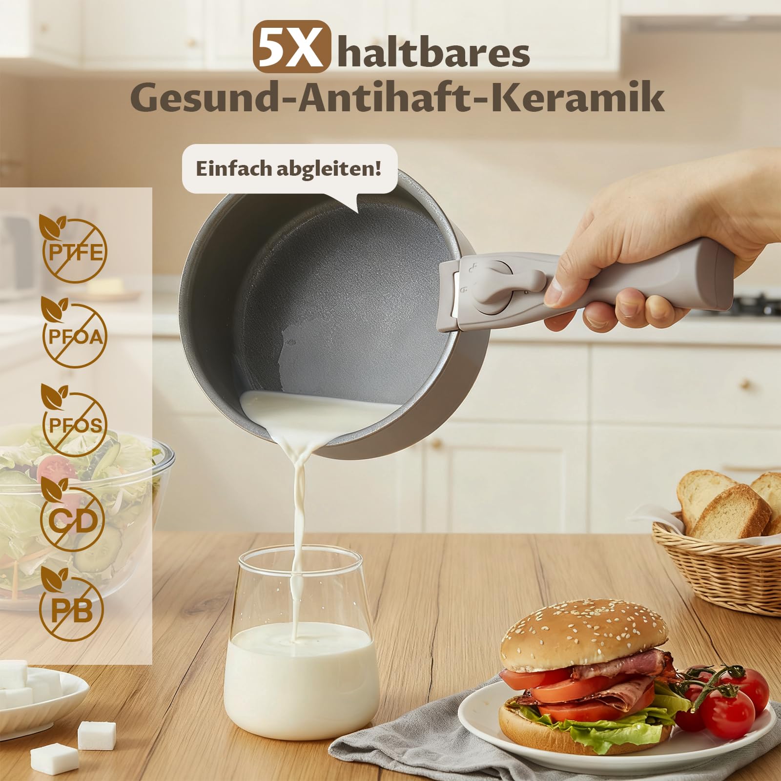 BLAZANT Topfset Induktion, Antihaft Keramik Töpfe mit abnehmbarem Griff | Kochtopf-Set für alle Herdarten, Molekular-Induktionsboden, PTFE/PFOA-frei, platzsparend für Camping & RV, 2 Universaldeckel