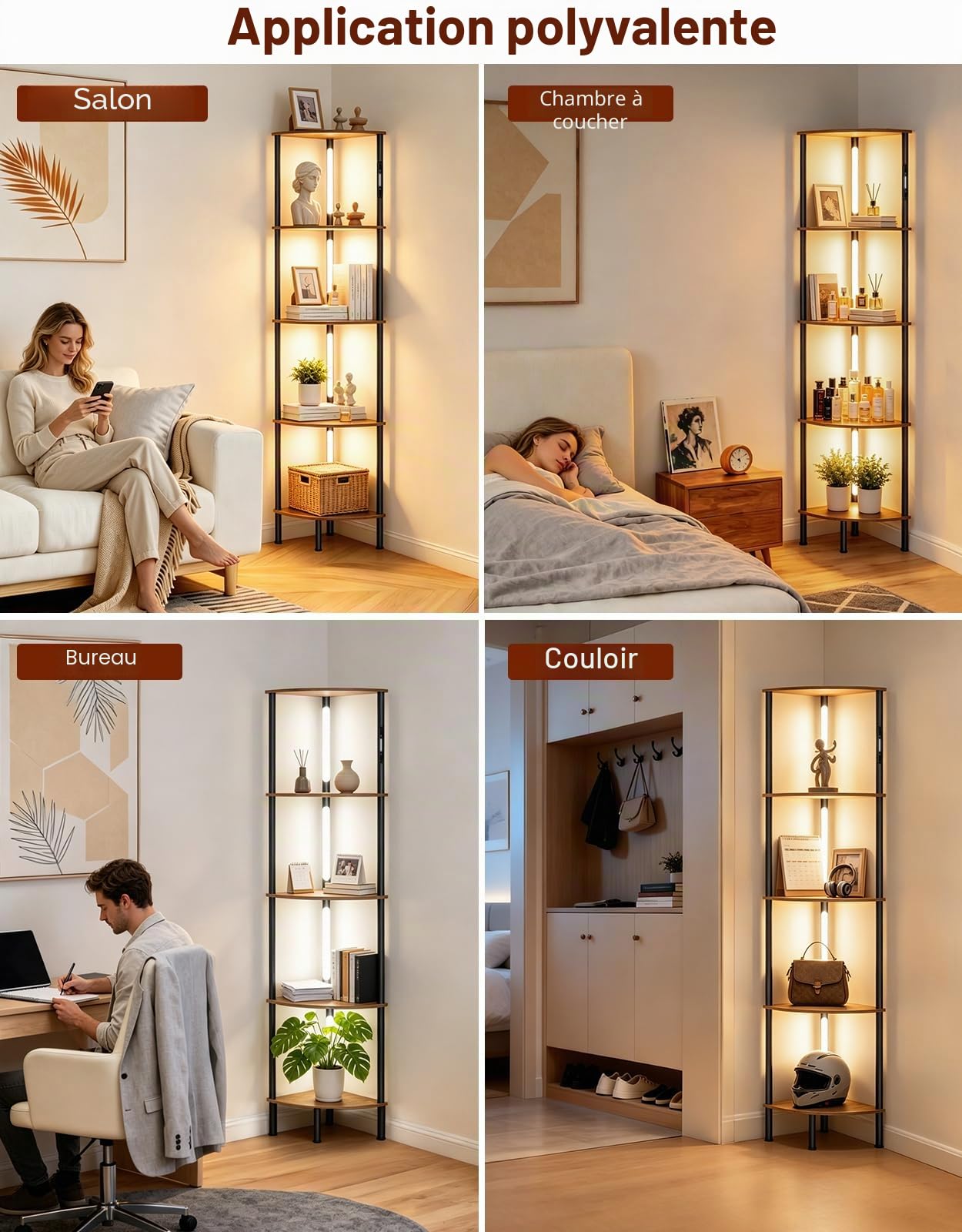 Lampadaire d’Angle LED avec Étagères 5 Niveaux, Commande Tactile et Télécommande, 3 Températures de Couleur, Intensité Réglable, pour Salon, Chambre ou Bureau