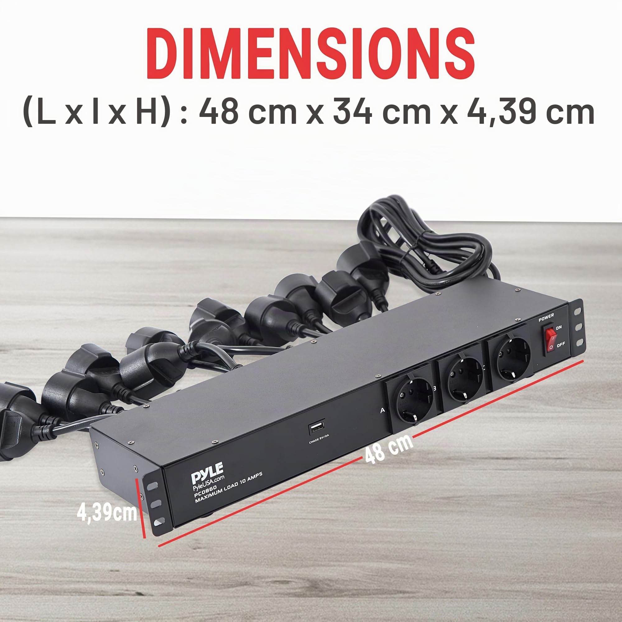 Pyle Multiprise Parafoudre 12 Prises Rack 19” 1U – PDU Électrique avec Ports USB, Disjoncteur 15A, Protection Surtension, Câble 4,5 m – Prise Informatique Haute Puissance – Noir
