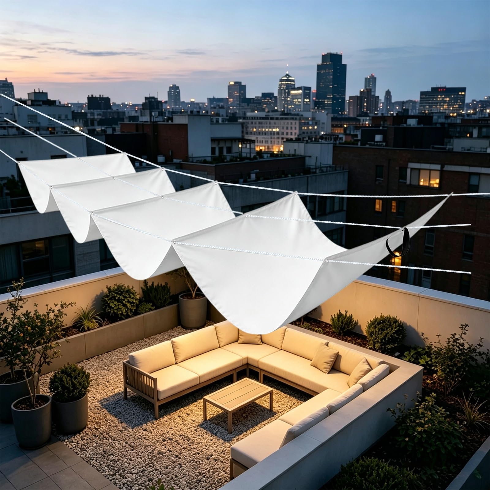 Toldo Corredero 1.4 x 11 m Impermeable, 98% Rayos UV Resistente Al Desgarro, Toldo Retráctil con Forma de Onda, con Ojales y Cuerdas para Balcon, Patio, Blanco