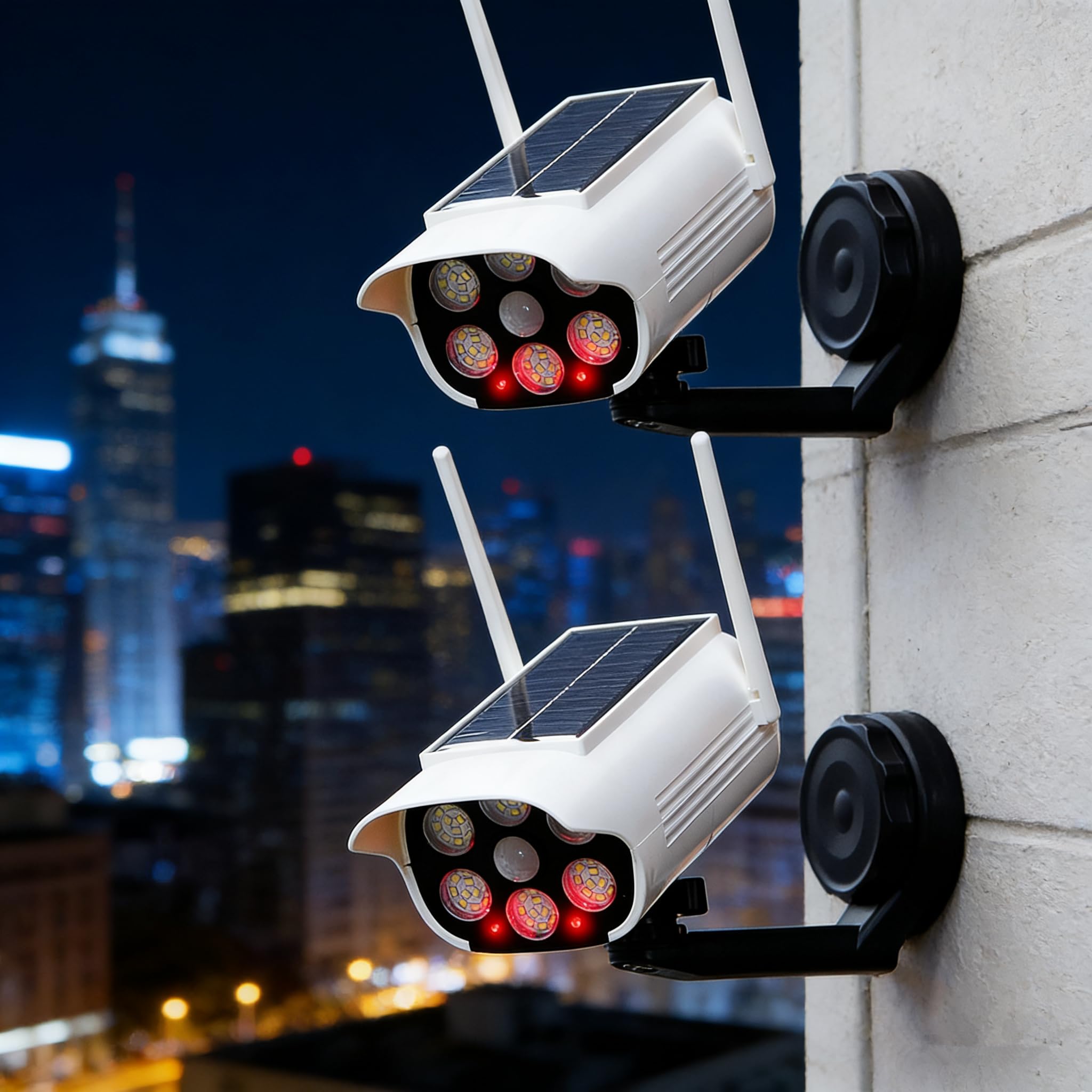 Lot de 2 caméras de sécurité factice avec détecteur de mouvement, projecteur, caméra de surveillance simulée, intérieur et extérieur, blanc solaire
