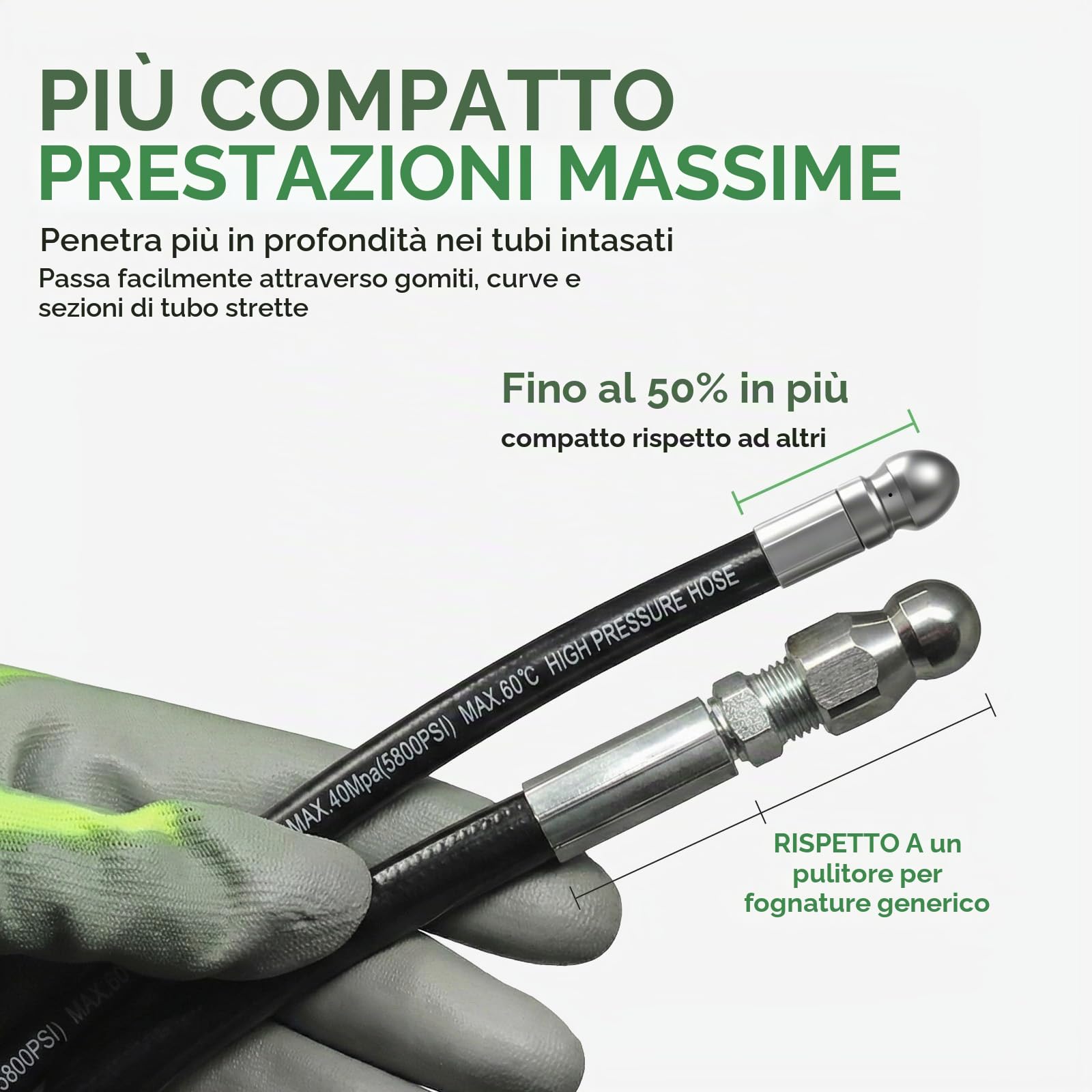 Sonda Sturatubi per Idropulitrice 15m, 400 Bar/5800 PSI, tubo sottile e flessibile compatibile con Serie K K2–K7, con ugello di penetrazione per curve, tubi stretti e scarichi ostruiti
