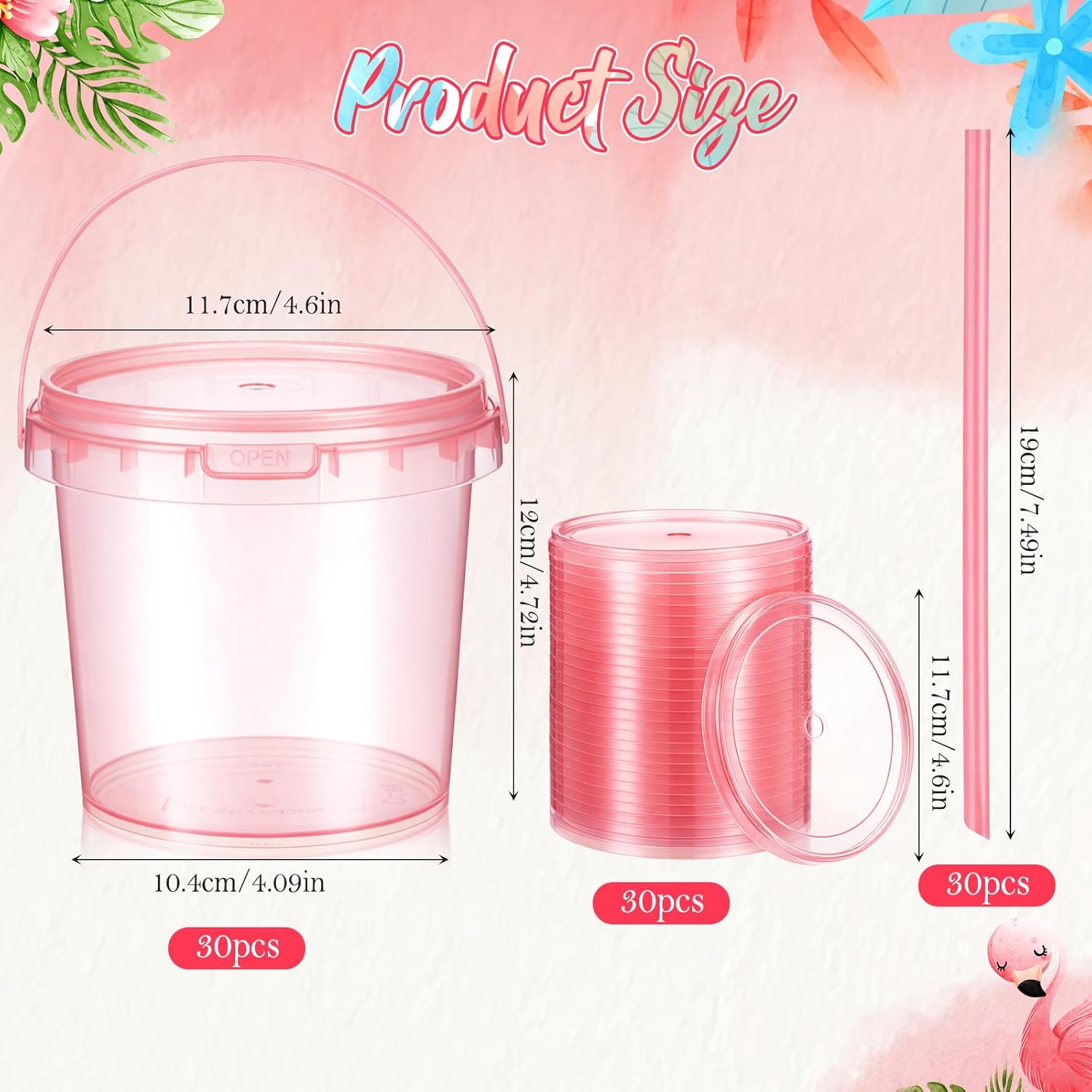 30 Set 34 oz Pink Plastic Drink Buckets with Lids and Straws Disposable Clear Iced Coffee Cups Plastic Bucket Cups for Smoothies Summer Drink Pool Beach Pink Theme Party Supplies