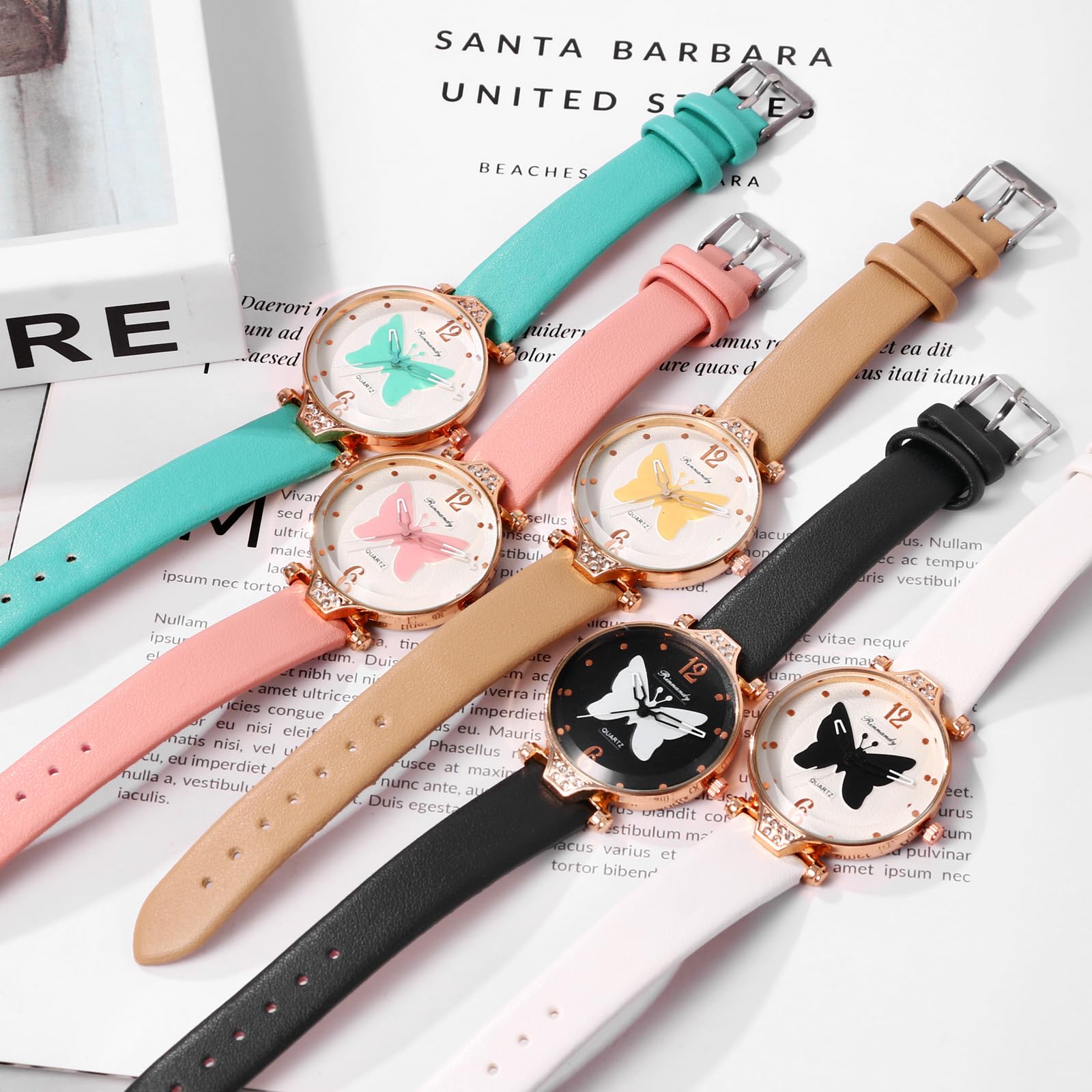 JewelryWe Damski zegarek skórzany zegarek damski: 5 sztuk Preppy Boho motyl stras analogowy kwarcowy zegarek na rękę skórzany zegarek na rękę luźny zegarek dla kobiet i dziewcząt, zestaw 5-cz.