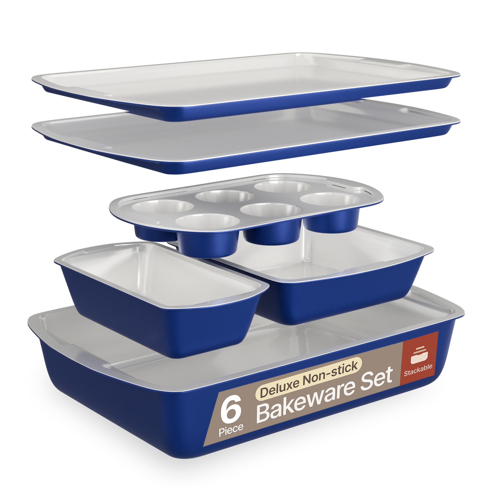 BAKKEN 6-Piece Kitchen Baking Pan Set - Royal Blue Color with Gray Ceramic Nonstick Coating, Commercial Grade Carbon Steel Bakeware, Baking Essentials, PFOA, PFOS, PTFE Free, Oven Safe (Up to 450Β° F)