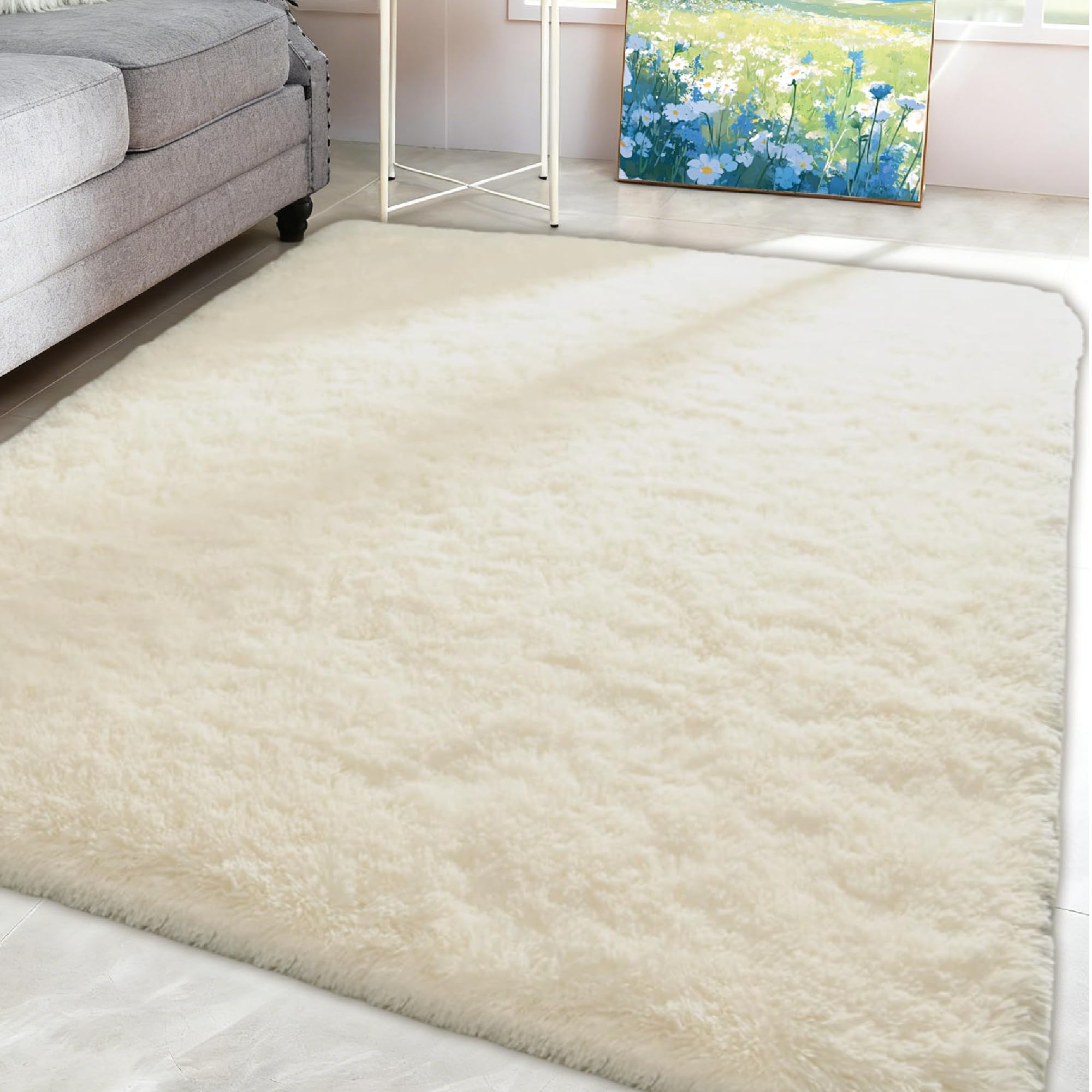 Moderner Hochflor Teppich 150 x 230 cm Weich Und Flauschig Läufer Teppich Klein Deko Kuschelig Waschbar für Schlafzimmer Kinderzimmer, Bettvorleger Matte, Creme Farben