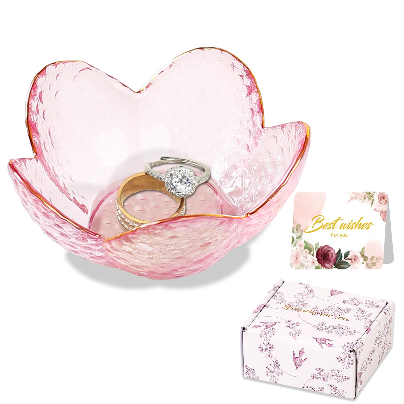 Gifts for Women Pink Flower Ring Dish Glass Jewelry Dish Jewelry Tray Cute Vanity Organizer Room Decor Aesthetic