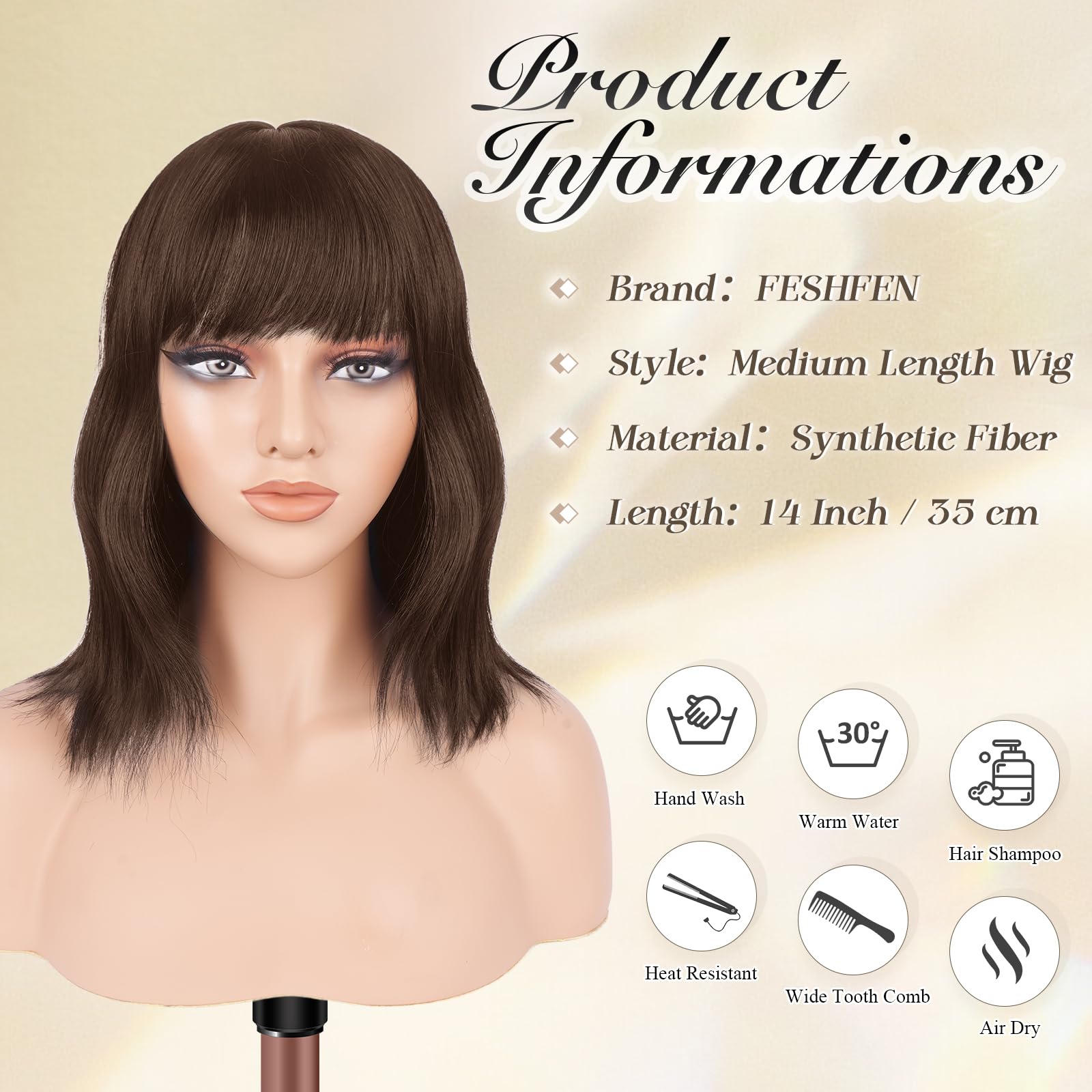 FESHFEN Misto Marrone Parrucca Ondulato Corta con Frangia, Parrucche Donna Bob Corte Riccia Uso Quotidiano del Partito Cosplay Sintetiche Parrucches per Donna, 35cm