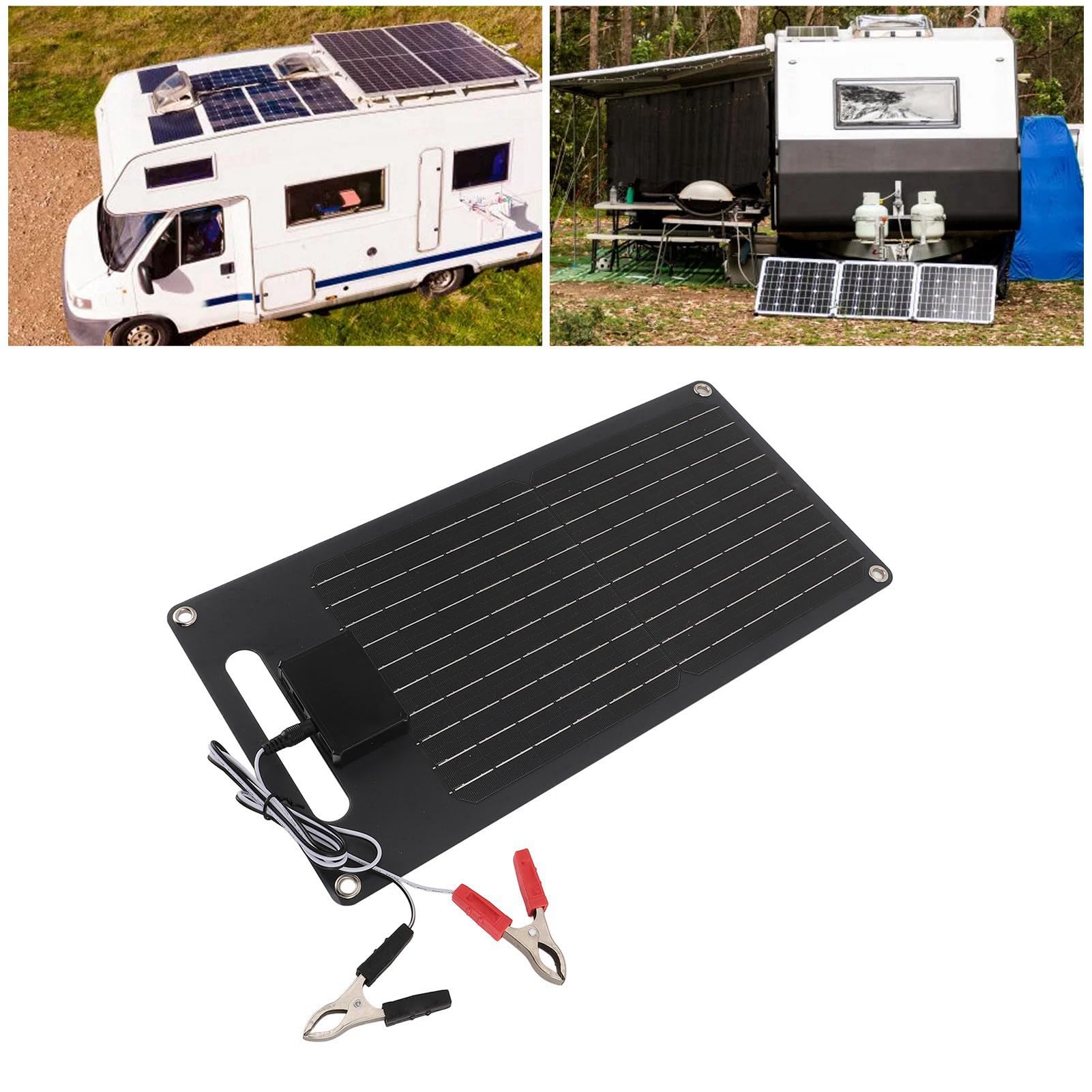 Buachois Kit Pannello Solare,50W 12V Portatile Pannello Solare Monocristallino ad Alta Efficienza con Cavo USB e Clip per Ricarica della Batteria del Veicolo