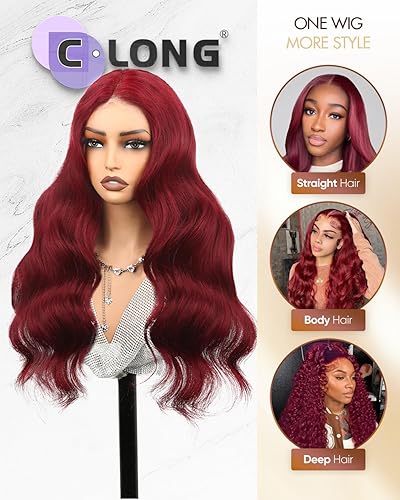 Miniatura 2 de Pelucas de cabello humano con encaje frontal color borgoña 99j de 13 x 6, densidad del 200 %, pelucas de encaje frontal HD 99j de color rojo