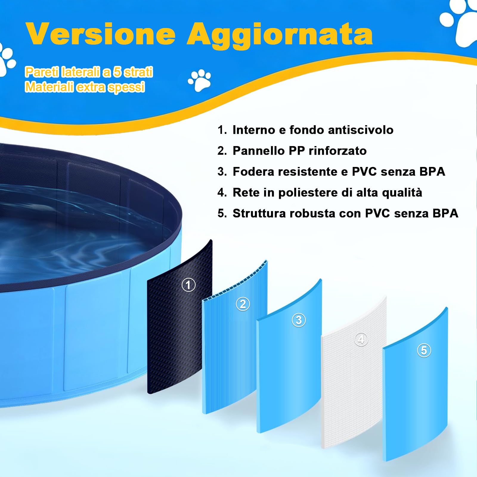 Vasca pieghevole per cani in PVC antigraffio, Ø 100 cm, Altezza 30 cm, rivestimento antiscivolo e tappo di scarico, svuotamento rapido senza pompa, vasca robusta