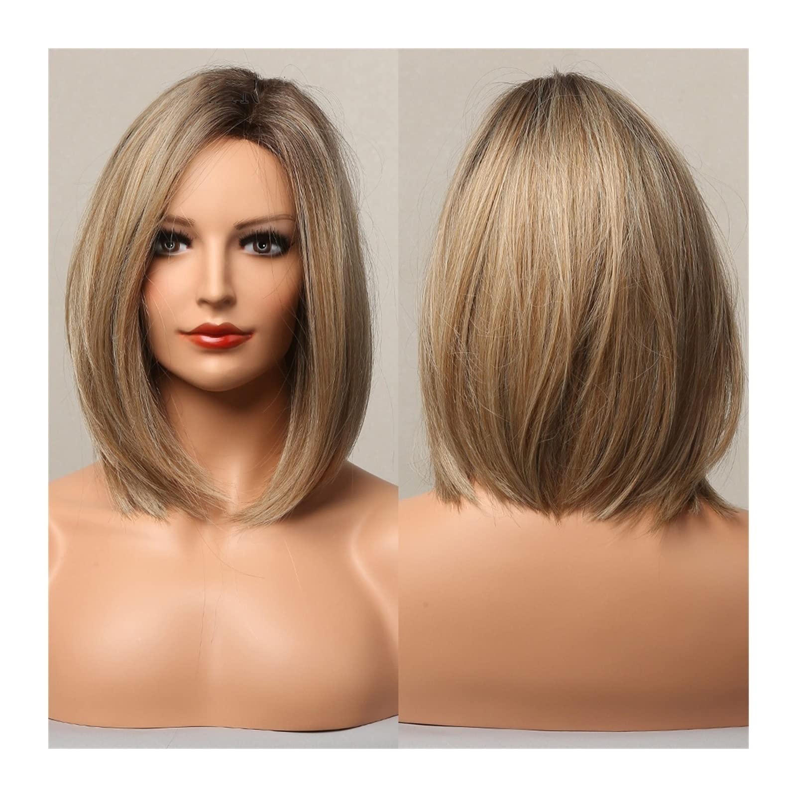 Średnio proste blond Ombre Bob peruki dla czarnych kobiet naturalna część boczna syntetyczne żaroodporne z włókna na codzienną imprezę cosplay