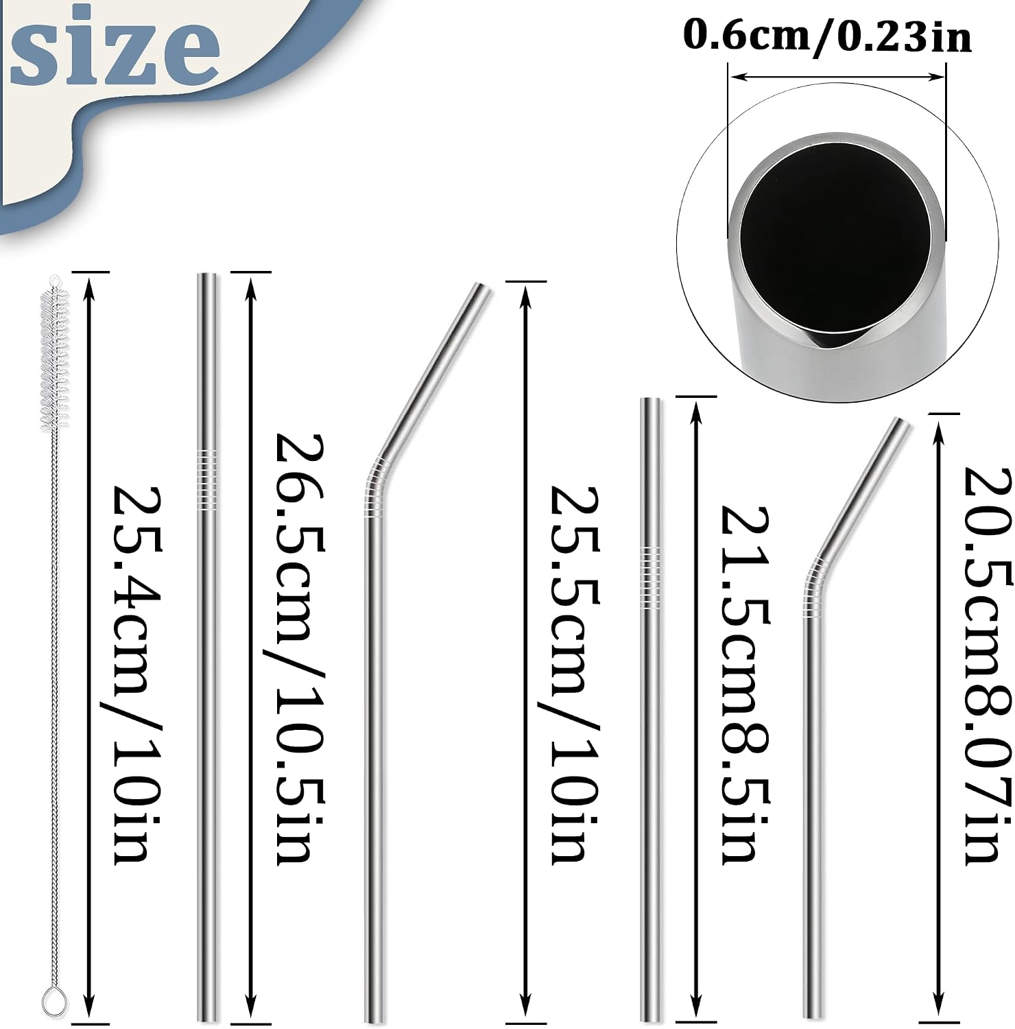 16 Pack Reusable Stainless Steel Metal Straws: 4 Straight 8.5" + 4 Bent 8.5" + 4 Straight 10.5" + 4 Bent 10.5", with 4 Cleaning Brushes, Dishwasher Safe for 20 24 30 oz Tumblers