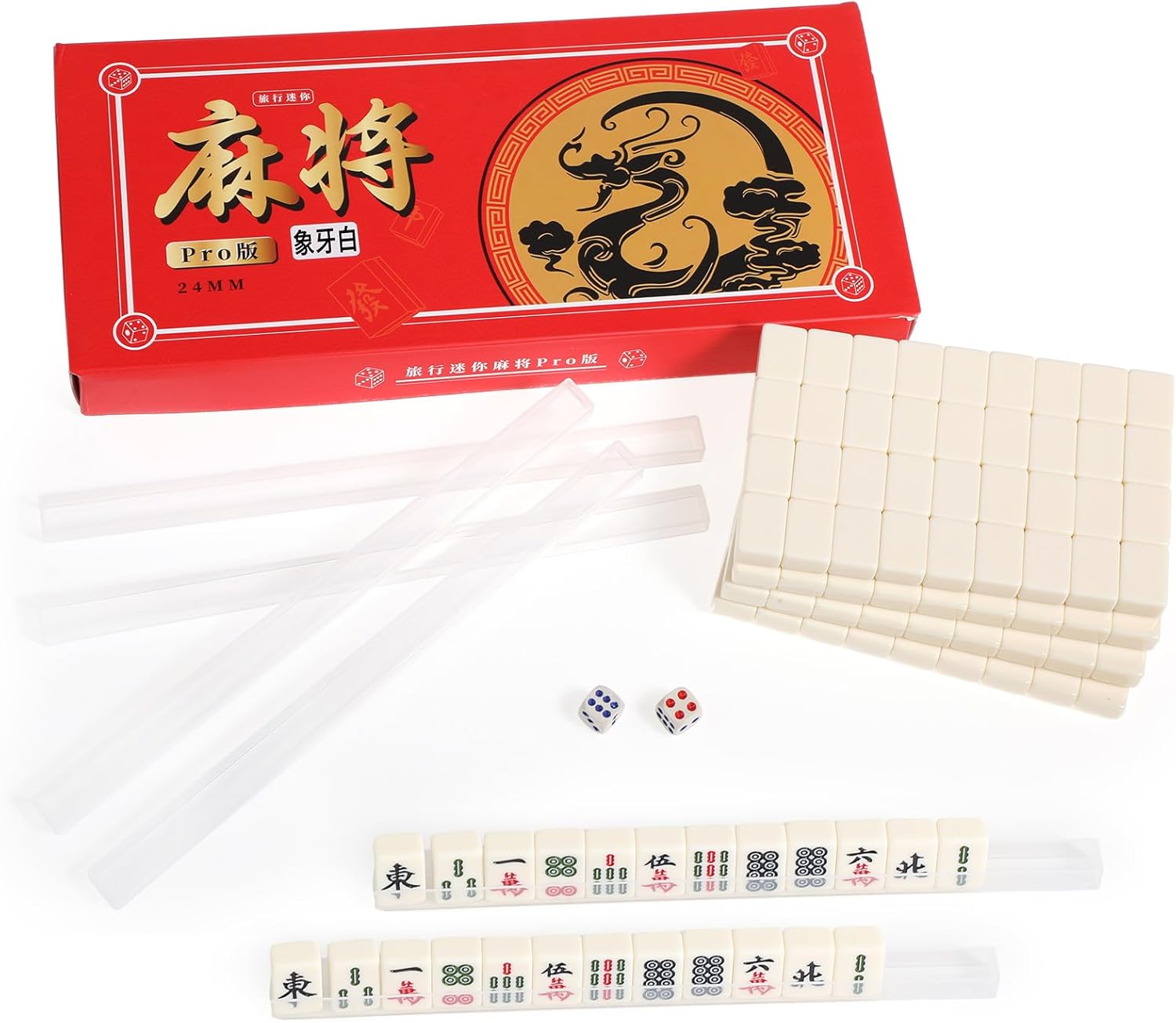 Miniature Chinese Mahjong Game Set 144 Standard Mini-Tiles Board Game Portable Travel with Traveler Size Carrying Case Dices Clear Holder for Outdoor Gift Enthusiast Family(Ivory)