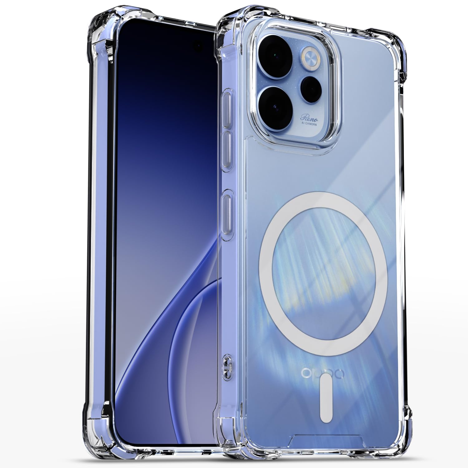 Amazon Basics Back Cover for Oppo Reno 15F 5G / Oppo Reno 15 5G Mag-Safe Shockproof PC + TPU Protective Case Magnetic Support Bumper Case (Transparent Mag-Safe)