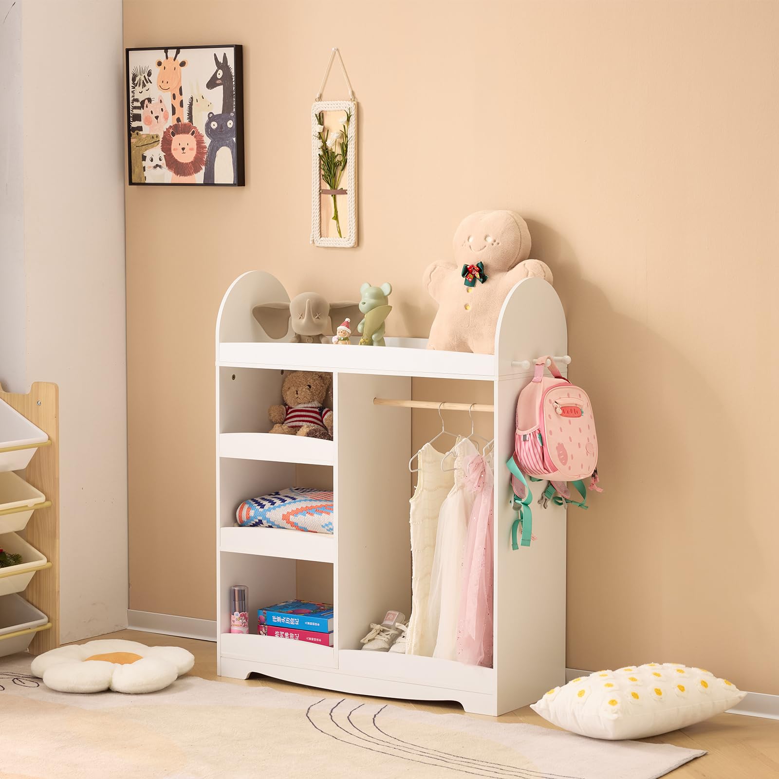 LALAHO kinderkleiderschrank，kleiderschrank kinderzimmer，kleiderschrank Kinder，kindergarderobe mit ablage，mit 3 Haken＆mit 5 offener Ablagen, Kinder Kleiderständer für Kinderzimmer（Weiß）