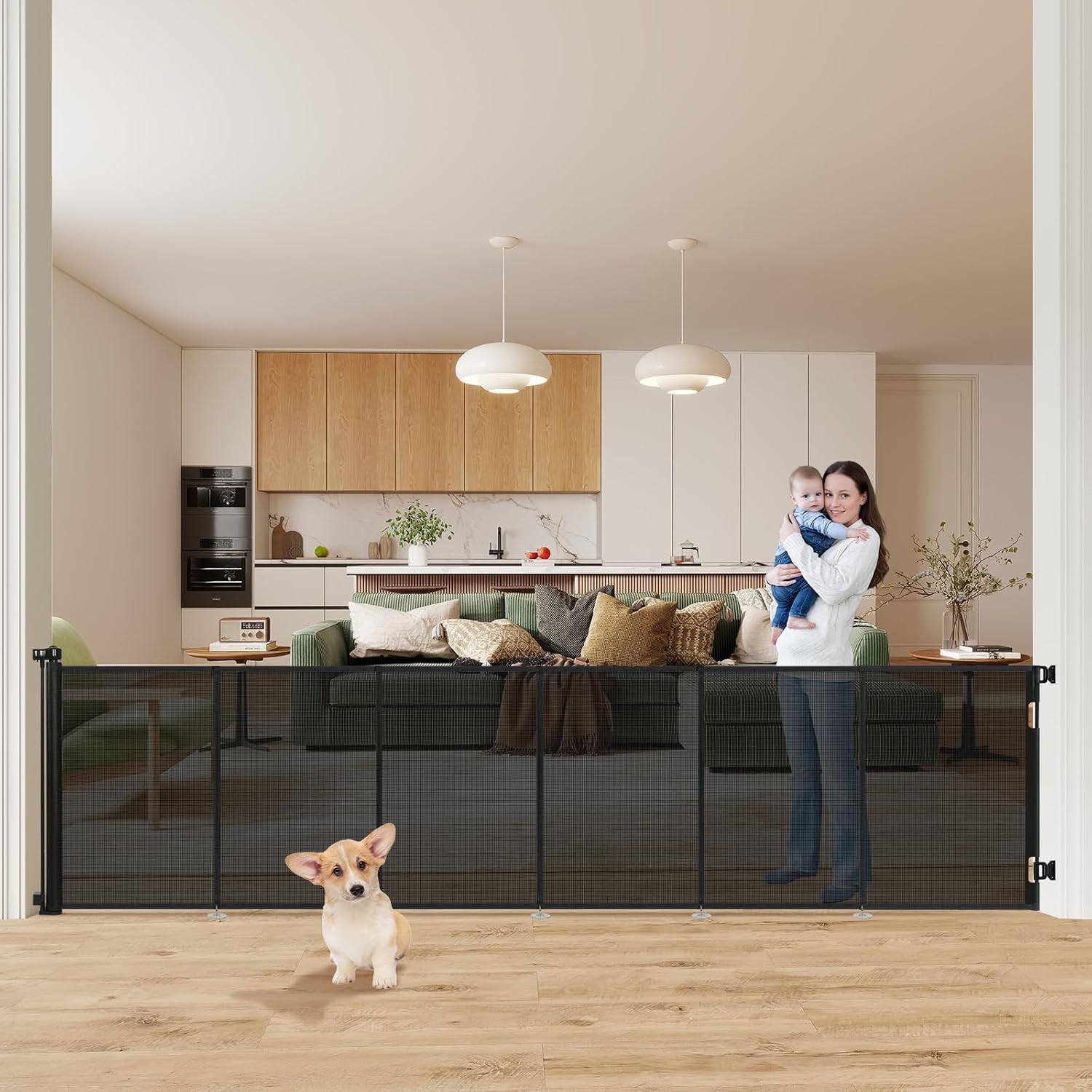 Upgraded 150" Extra Wide Retractable Baby Gates, 41" Tall Mesh Dog Gate for Preventing Escaping, Extra Long Pet Gate for Outdoor, Indoor, Hallways, Deck, Porch, Black