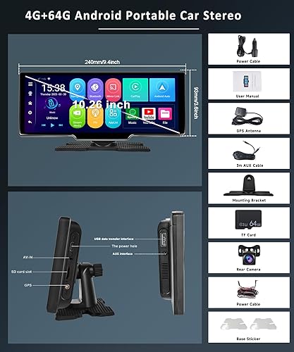 Miniatura 6 de Podofo Octa-Core 4G 64G Android portátil inalámbrico Apple CarPlay pantalla para coche con cámara de respaldo, 10.26 pulgadas HD Android Auto