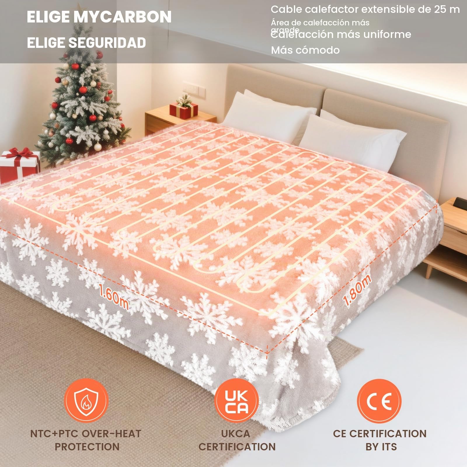 MYCARBON Manta Eléctrica 180x160cm,180W, 10 Temperaturas de 30°C a 48°C, Timer 9h, Manta Térmica Apagado Automático Protección contra Sobrecalentamiento Franela y Sherpa Lavable