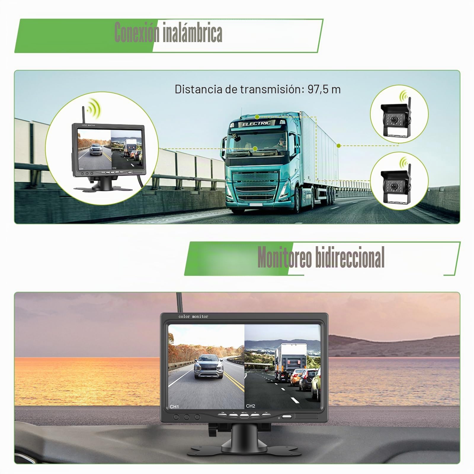 7" Kit de Cámara de Marcha atrás Inalámbrica con 2 Cámaras Traseras Divididas con Visión Nocturna Impermeable para Caravanas, Camiones y Autobuses, DC 12-36V