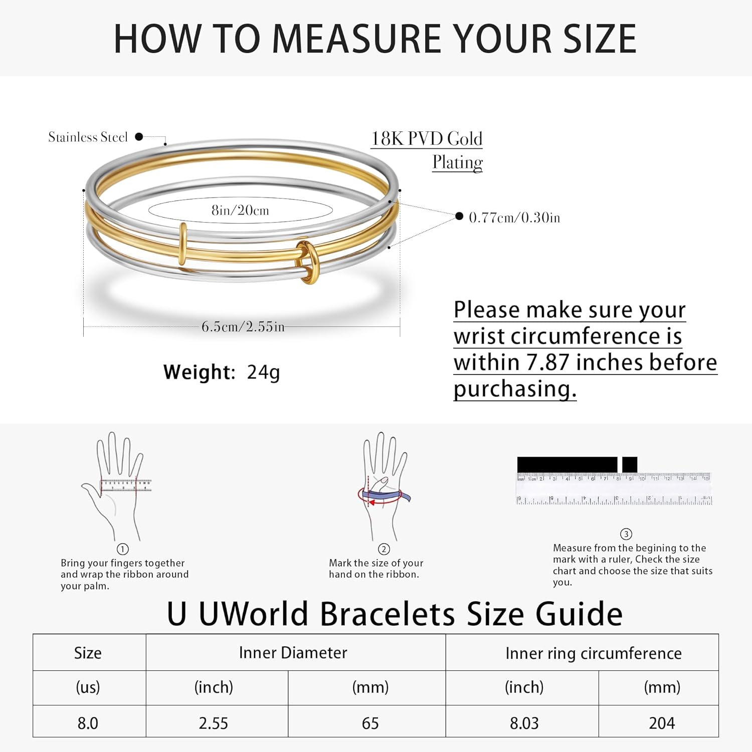 Stackable Bangle Bracelets for Women 18K Gold Plated Stainless Steel Non Tarnish Triple Bangles 8 inch Two Tone Bracelet Stack Women's Jewelry - Image 5