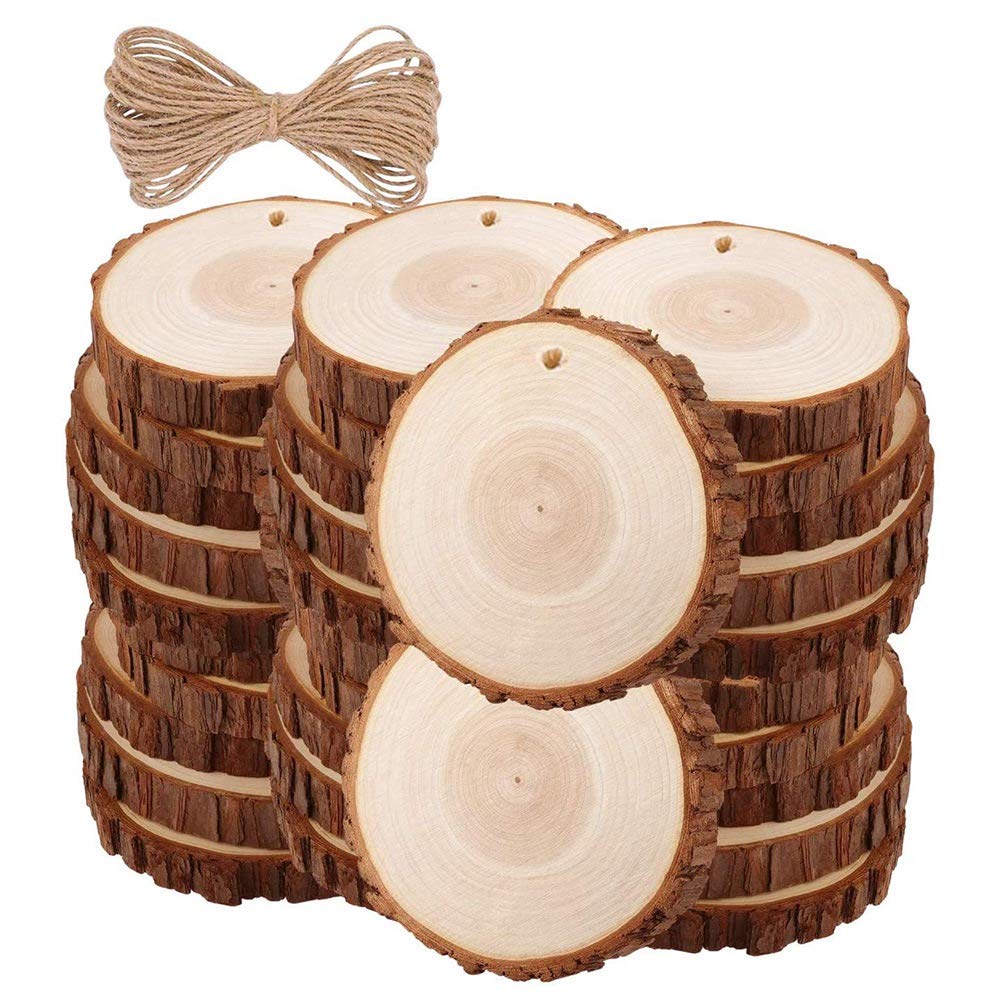CTRLZS 30Pcs Unfinished Wood Slices with Bark for Crafts Wood Kit Circles Log Discs for DIY Craft Wedding Ornaments