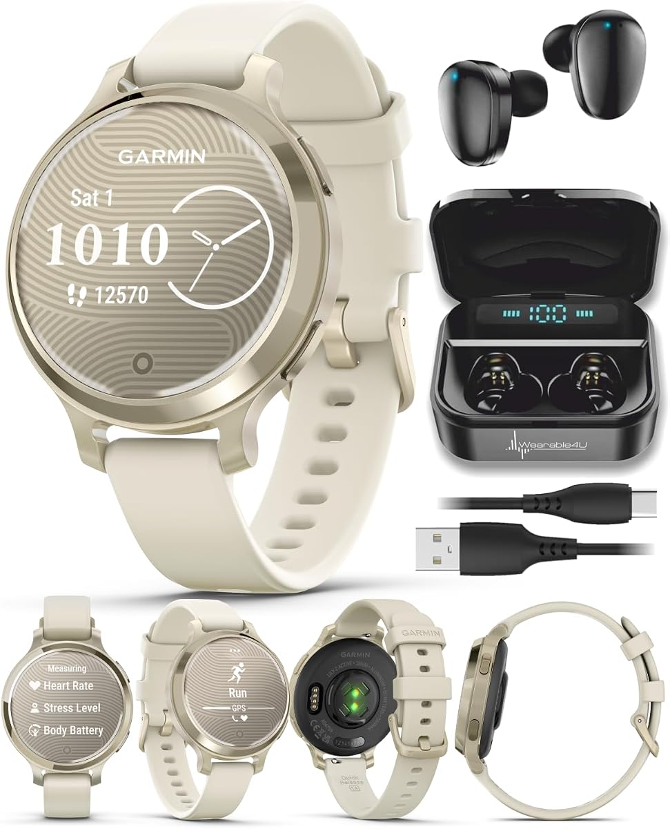 Garmin Lily 2 Active, Lunar Gold with Bone Silicone Band, Small and Stylish Smartwatch, Built-in GPS, Hidden Display, Patterned Lens, Up to 9 Days Battery Life Black Earbuds Bundle
