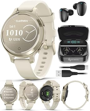 Garmin Lily 2 Active, Lunar Gold with Bone Silicone Band, Small and Stylish Smartwatch, Built-in GPS, Hidden Display, Patterned Lens, Up to 9 Days Battery Life Black Earbuds Bundle