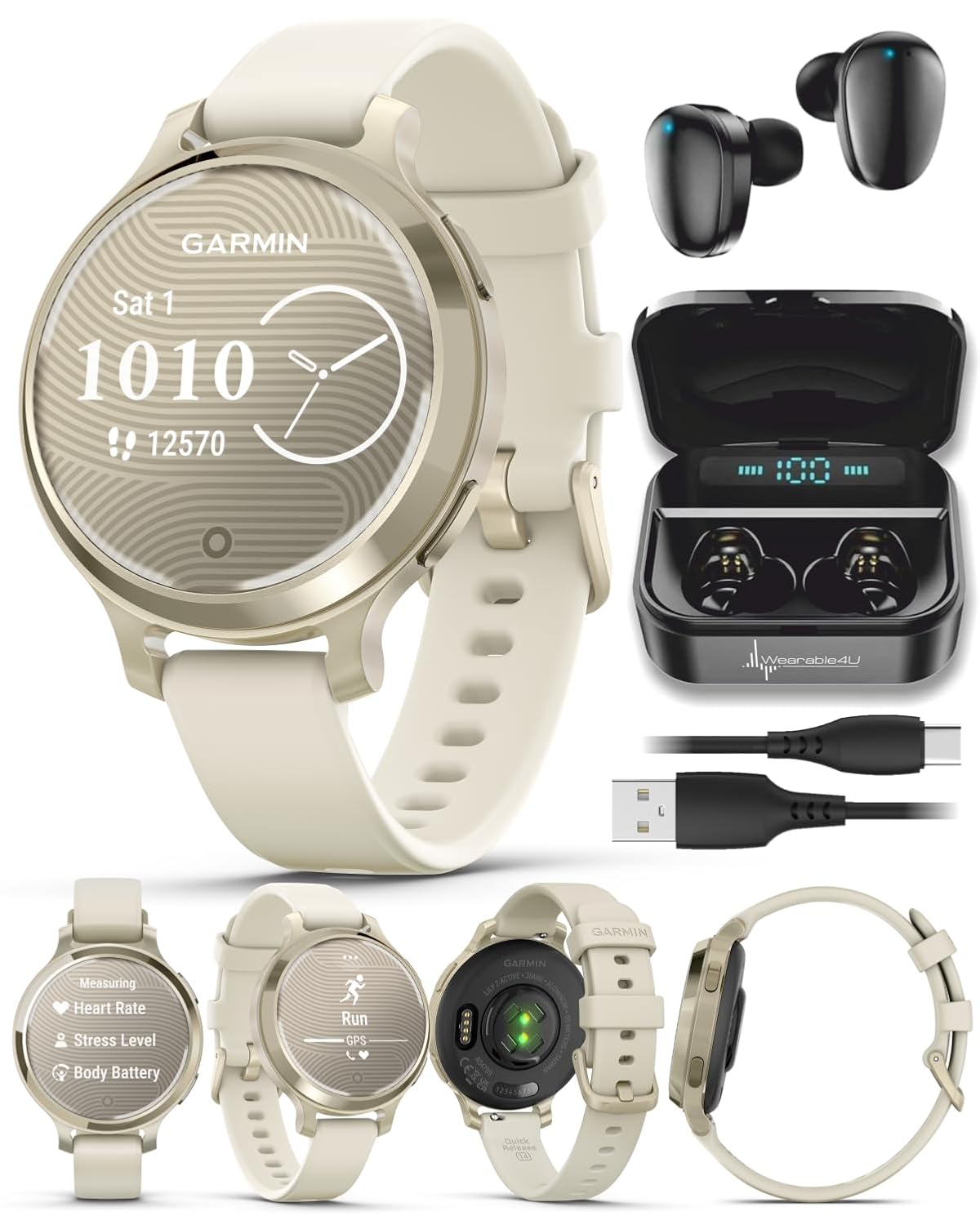Wearable4U Garmin Lily 2 Active Lunar Gold with Bone Silicone Band Small and Stylish Smartwatch Built-in GPS Hidden