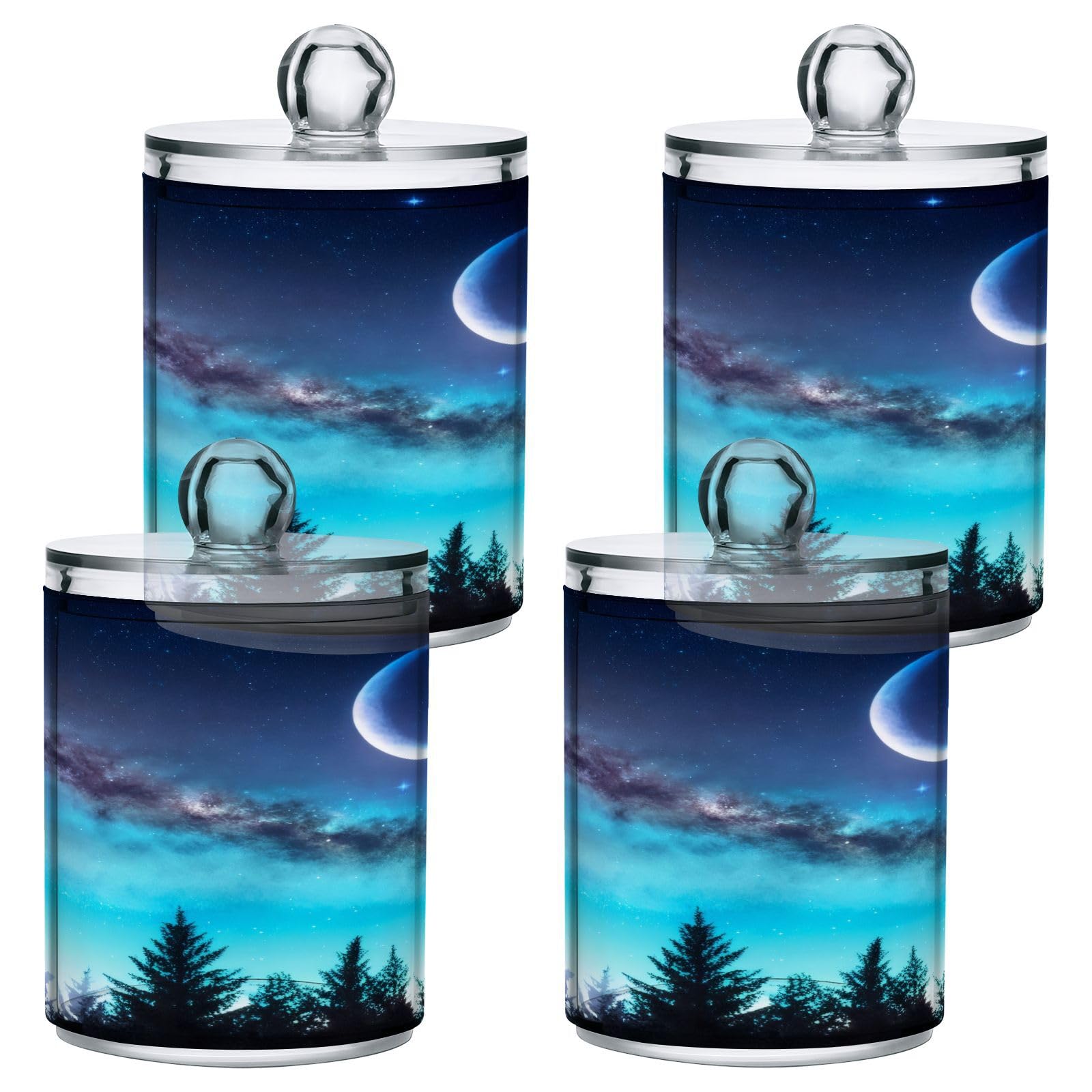 Haskirky 2 Pack Forest Moon Design Qtip Holder Dispenser,Clear Plastic Apothecary Jars with Lids Home Decor Kitchen Storage Jar for Cotton Ball, Cotton Swab,Floss,10 OZ