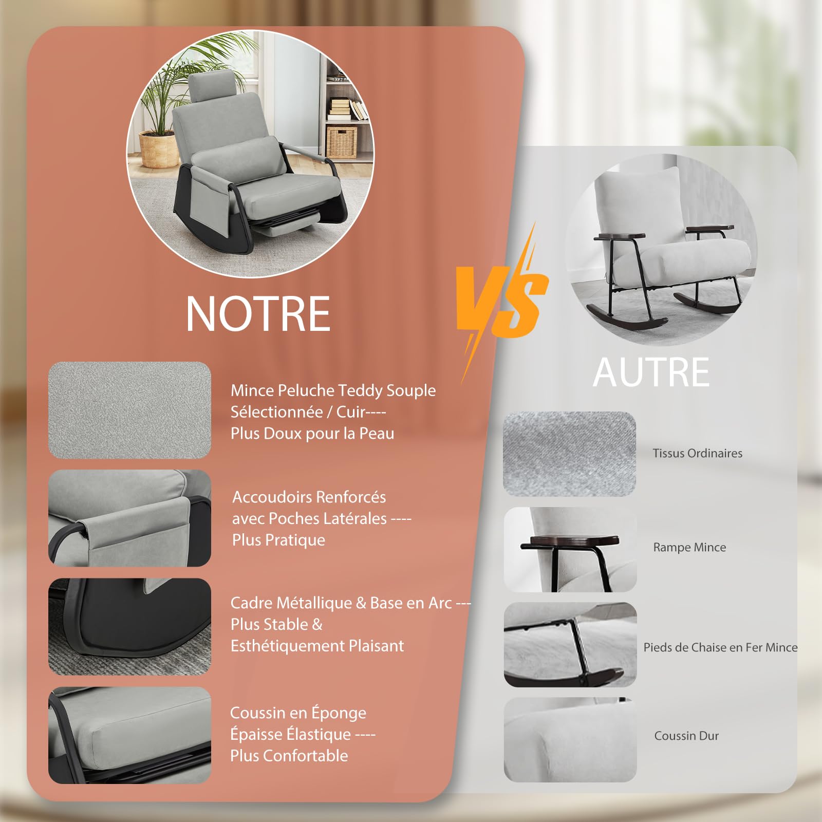 YODOLLA Fauteuil à Bascule, Rocking Chair avec Repose-Pieds Extensible, Dossier & Appui-Tête Réglables, Poche Latérale(Cuir, Gris)