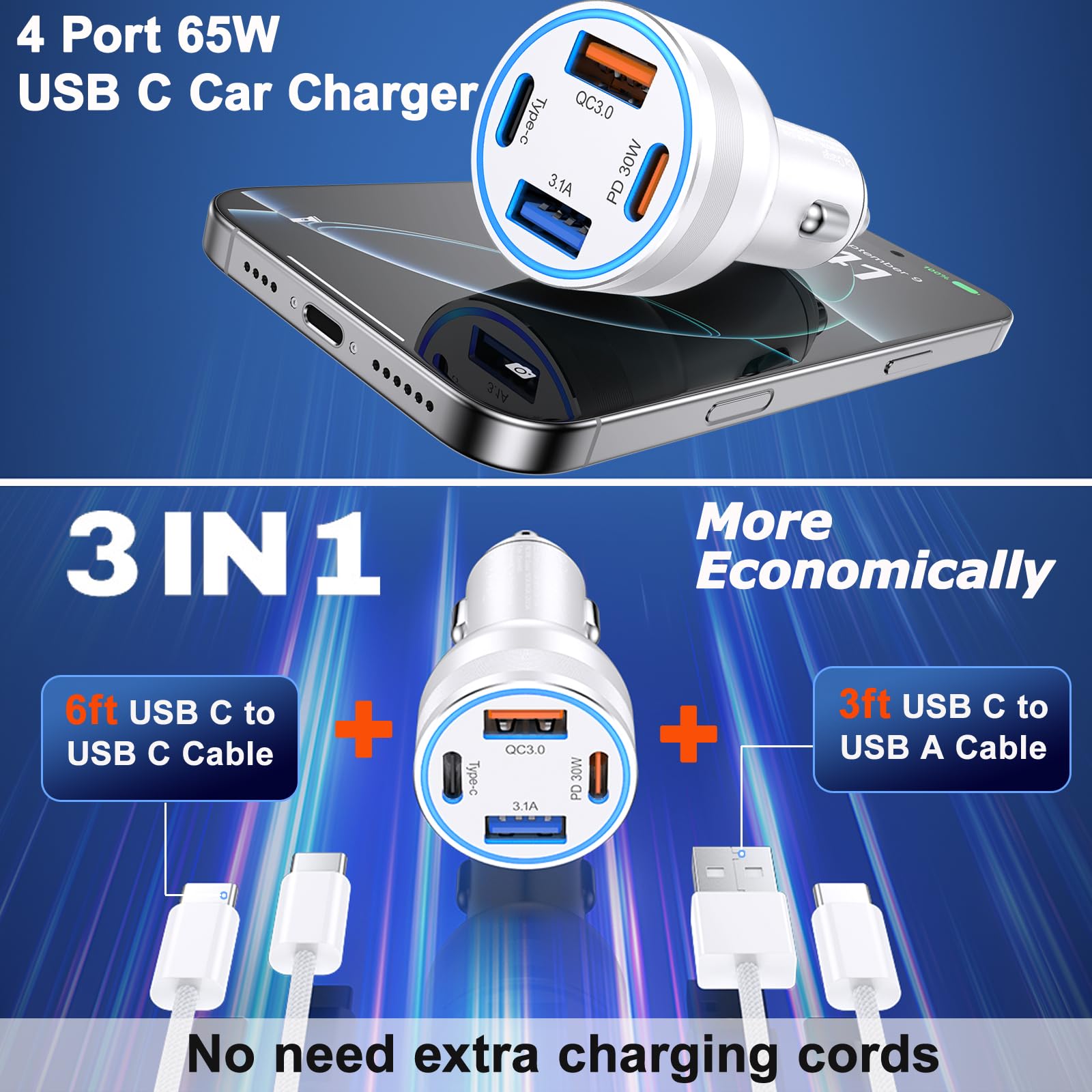 Superszybka ładowarka samochodowa USB C 4 porty 65 W typu C - srebrna