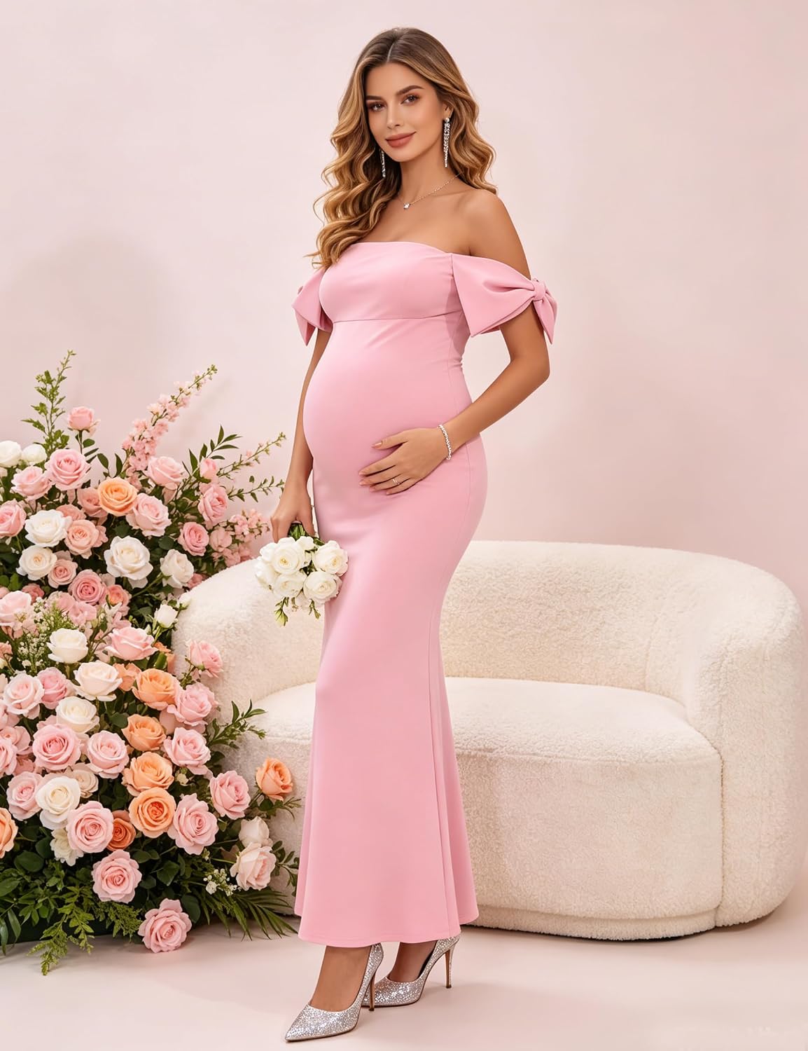 Maternity Off-Shoulder Bow Tie Stretchy Bodycon Maxi Gown for Pregnancy