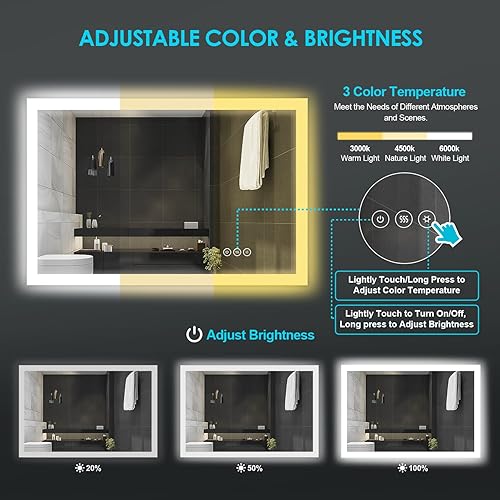 Miniatura 4 de Espejo de baño LED con luces de 48 x 36 pulgadas, espejo de tocador iluminado con parte delantera y retroiluminada, regulable continuamente, espejo