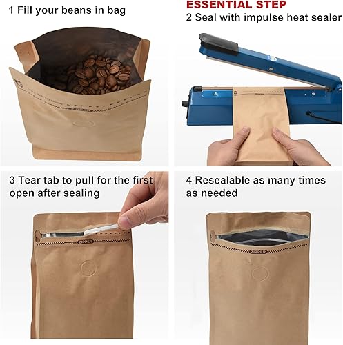 Miniatura 6 de 50 bolsas de café de papel kraft de 2.2 lbsbolsa inferior plana con válvula de liberación de aire y cremallera lateral reutilizable. (50 piezas, 2.2