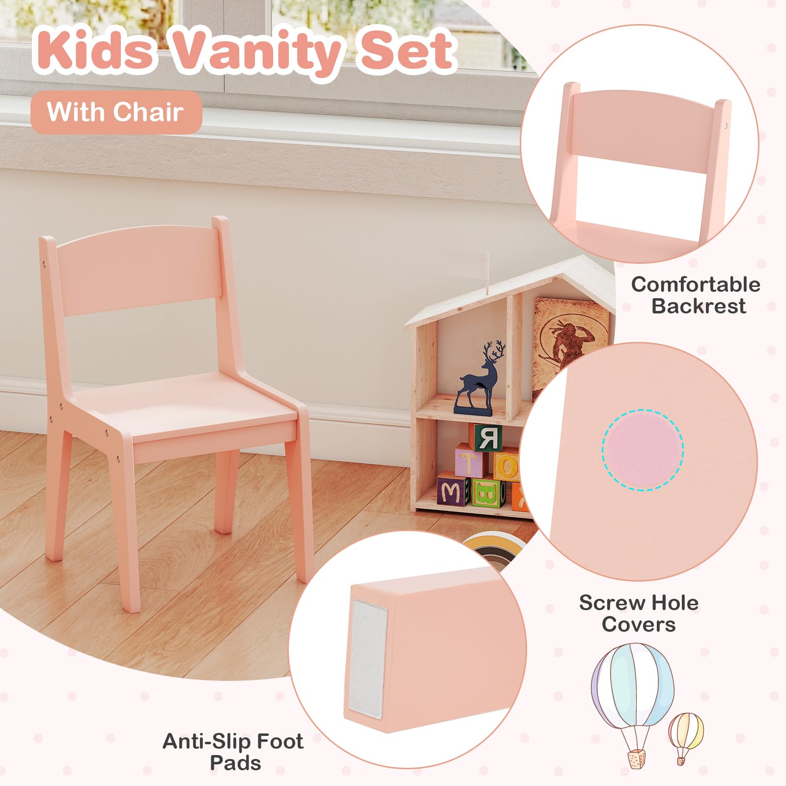 LIFEZEAL 2 in 1 Tavolo da trucco per bambini con sedia, tavolo da trucco ragazza con specchio LED e armadietto, tavolo da toeletta in legno con cassetto e scaffale, 3+ anni, carico di 50 kg (rosa