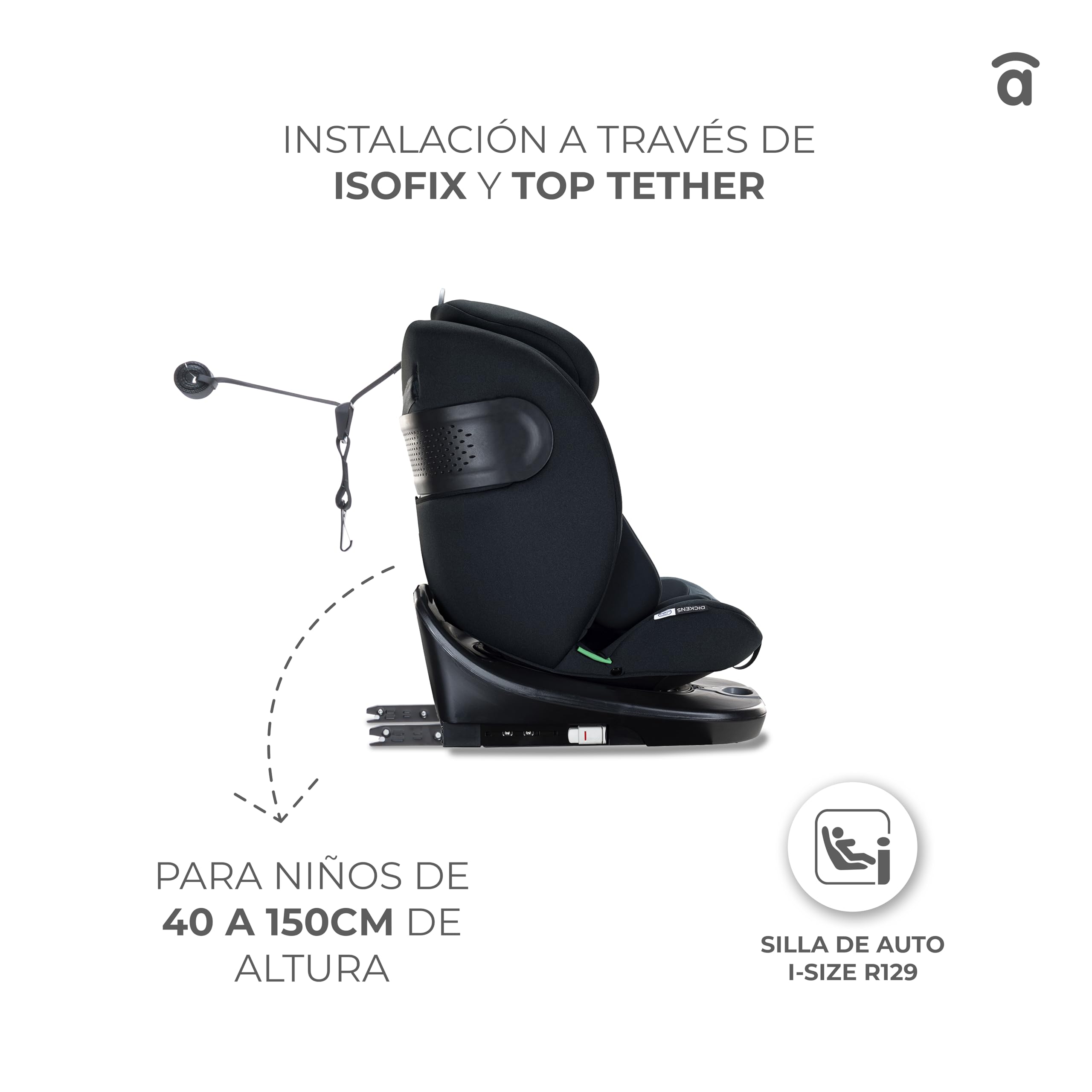 Asalvo AUSTEN 2 Silla de coche con isofix 40-150 cm, Edad: desde el nacimiento hasta los 12 años –I-size, Acontramarcha hasta los 105 cm, 4 años aprox, Negro