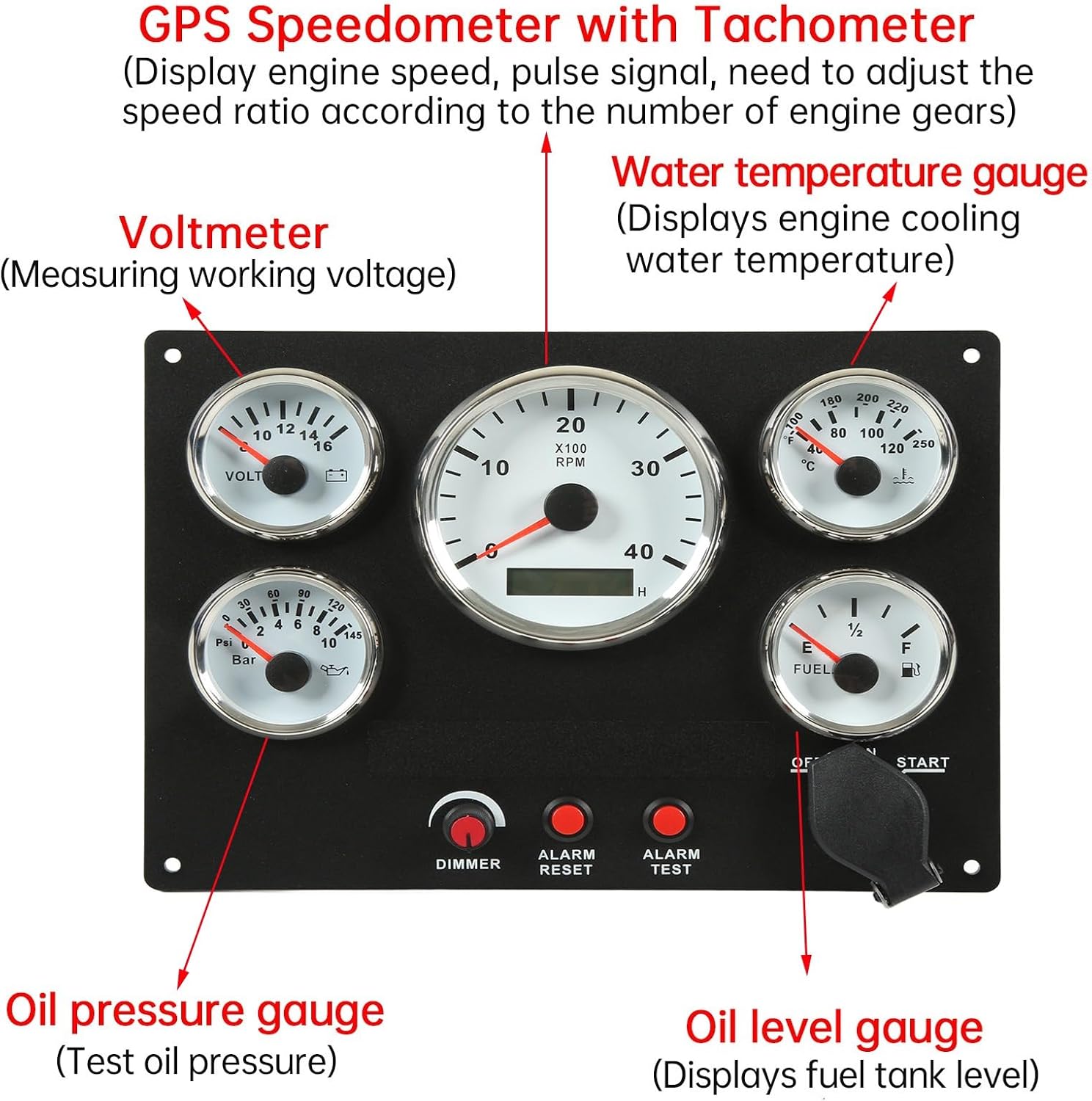 Comprehensive Marine Instrument Panel with 5 Gauge Set Tachometer Fuel Temperature Oil Pressure Voltmeter for Boats and Yachts A00-00141