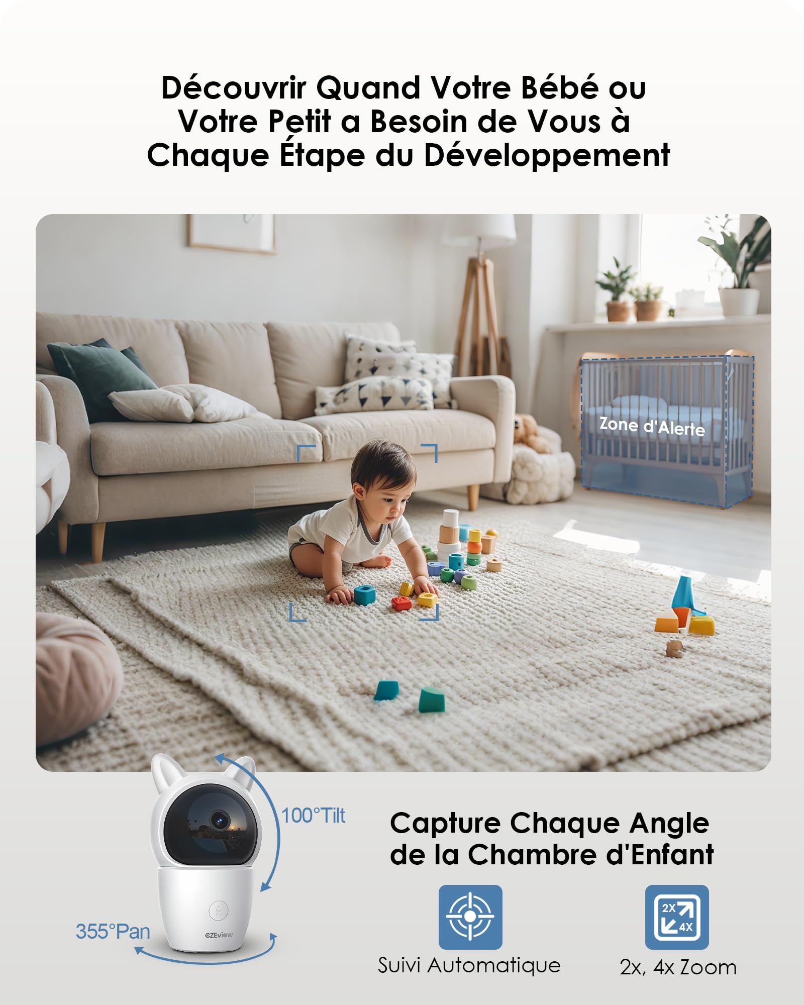 CZEview Babyphone Caméra Bébé, Moniteur Vidéo 5,0", PTZ 360°, Vidéo Caméra Surveillance Bébé, Audio Bidirectionnel, Vision Nocturne, Berceuses, Détection AI & Alertes Intelligentes