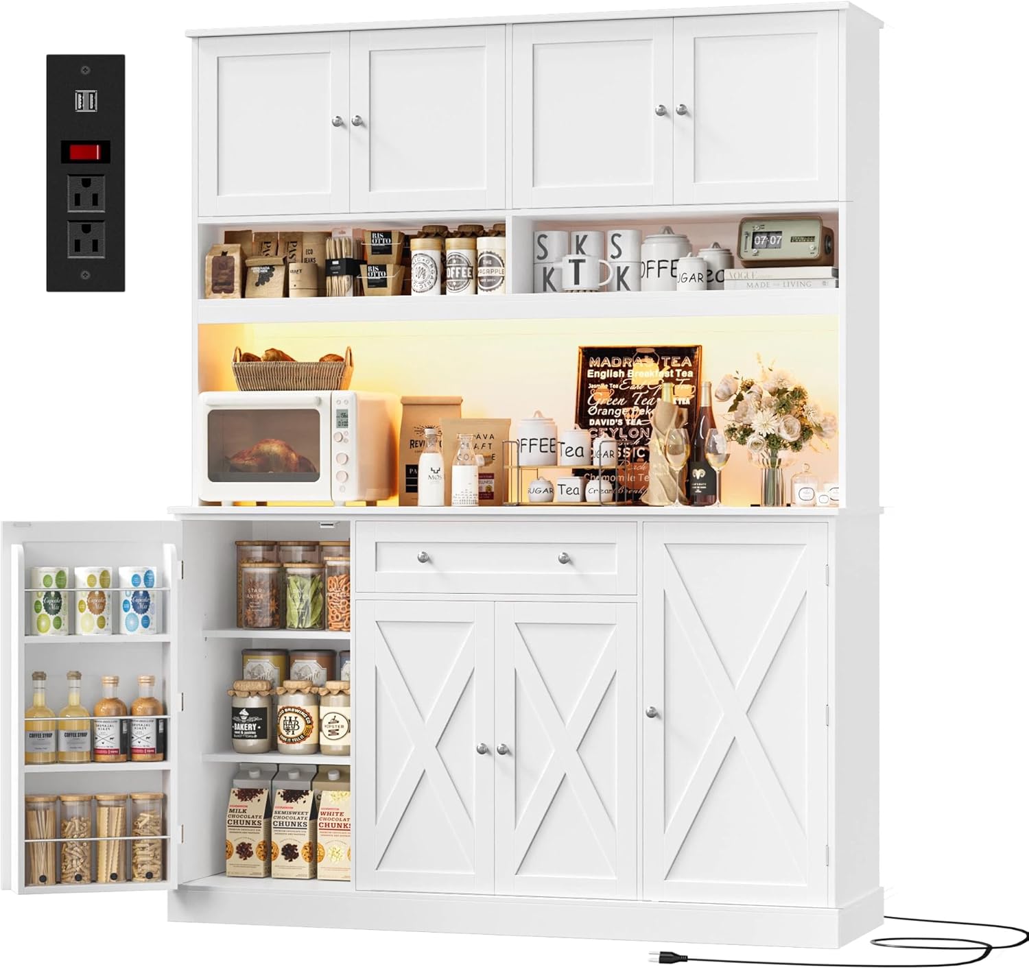 HIFIT 72.8” LED Kitchen Pantry Cabinet with Charging Station, 55” Wide Pantry Storage Cabinet with Large Countertop&Shelves&Drawers, Farmhouse Kitchen Hutch Coffee Bar for Living Room, Black