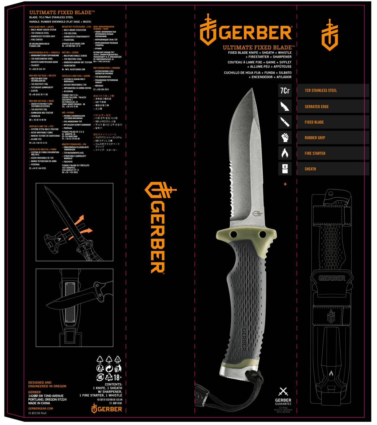 Gerber Outdoor/Survival-Messer mit Teilwellenschliff, Ultimate Survival Fixed, Klingenlänge: 12 cm, Rostfreier Stahl, 30-001830, Schwarz