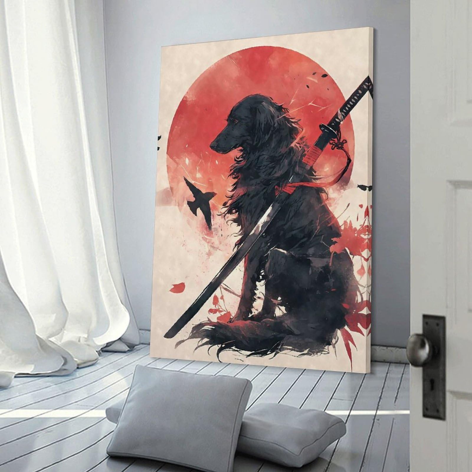 Junmoney Frame-Style-23 Flatcoated Retriever Japan Wall Picture Print, 24X36inch(60X90cm), For Lounge, Study, Hallway Or Flat Walls, Canvas Wall Art That Fits Changing Layouts