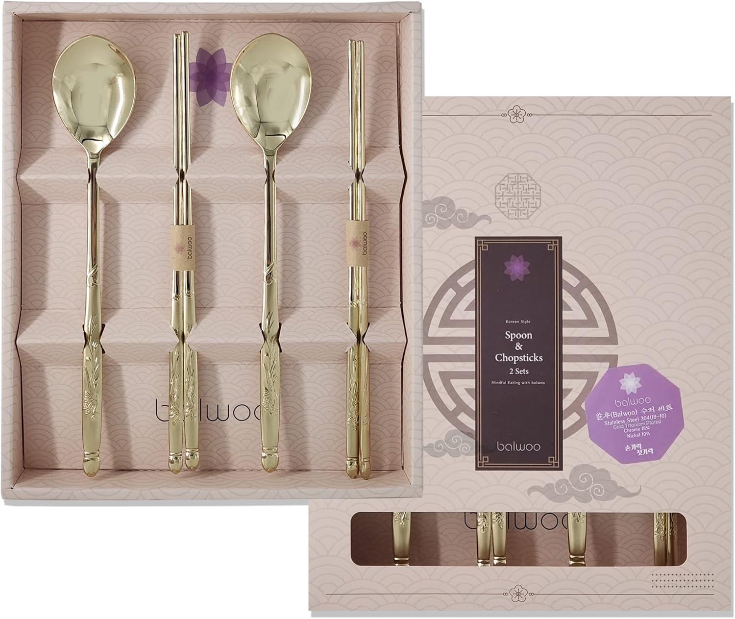 [Made in Korea] Korean Phoenix Design Sticky Rice Spoon Chopsticks Set Gold Titanium Plating 304 Stainless Steel Soup Spoon Ramen Noodle Chopsticks Flatware (2 Sets)