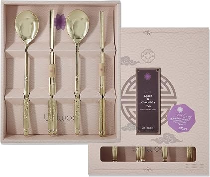 [Made in Korea] Korean Phoenix Design Sticky Rice Spoon Chopsticks Set Gold Titanium Plating 304 Stainless Steel Soup Spoon Ramen Noodle Chopsticks Flatware 2 Sets