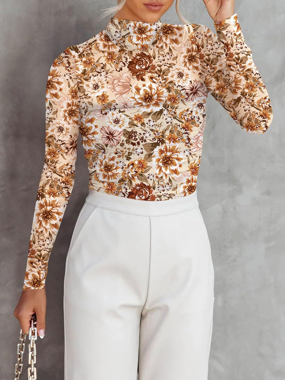 Dressmine Women's Sheer Mesh Top Floral Mock Turtle Neck Sexy Long Sleeve Double Layer Ruched Going Out Tops - Image 2