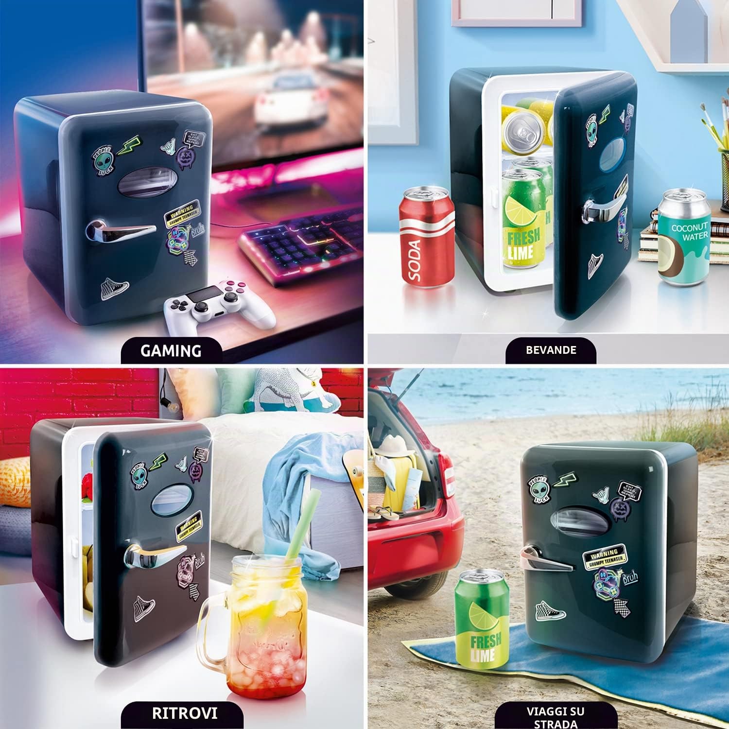 So Chill Black, 4L, cavo, utilizzare mini frigo, giocatori, studenti, viaggi a casa/auto/Hangouts + altro, alimentazione USB, adesivi inclusi, 6 lattine