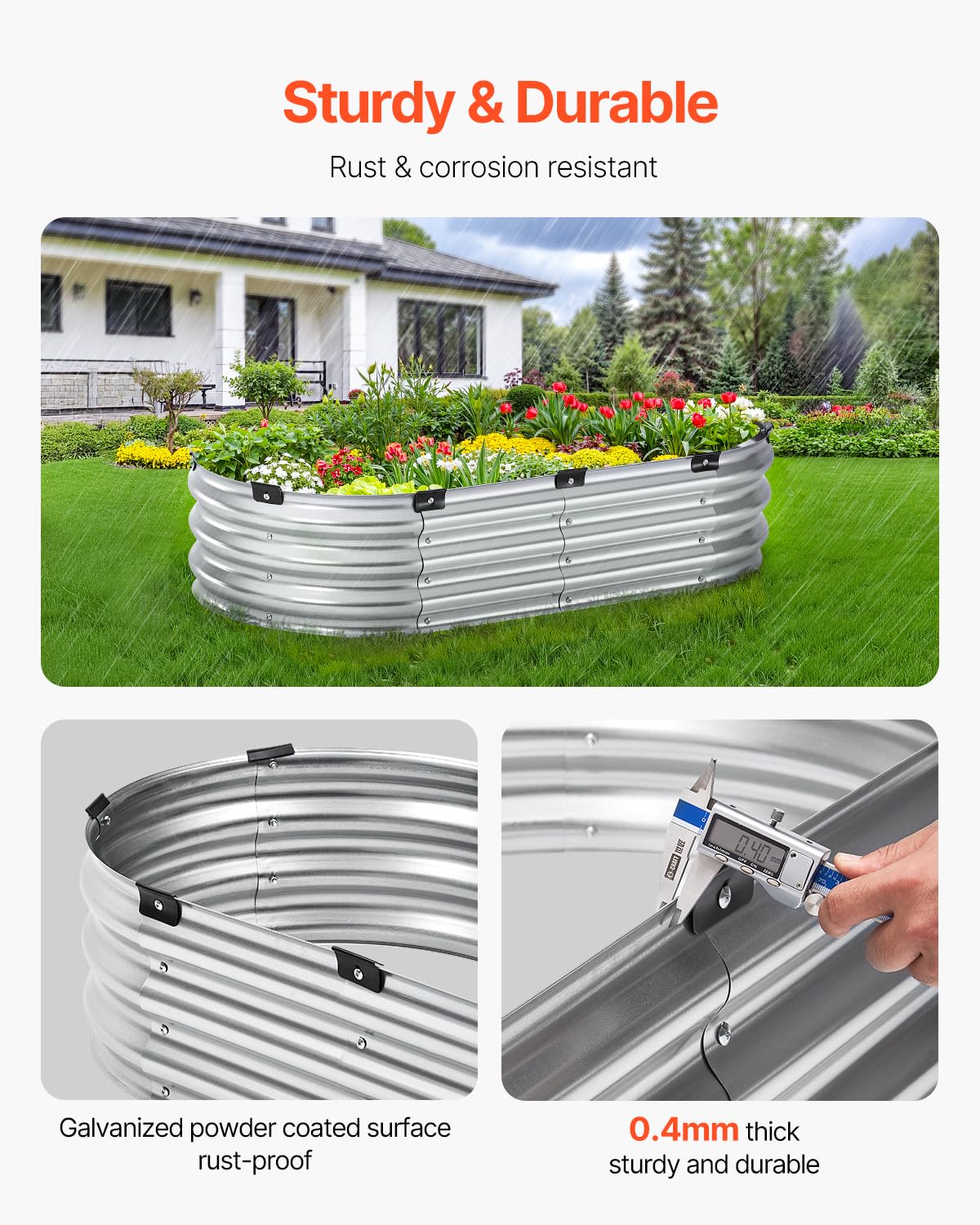 VEVOR Cama de Jardín Elevada de Metal 1195 x 585 x 270 mm con Fondo Abierto para Exteriores, Jardinera Ovalada Galvanizada para Jardinería de Verduras, Flores, Hierbas y Plantas Suculentas, Plateado